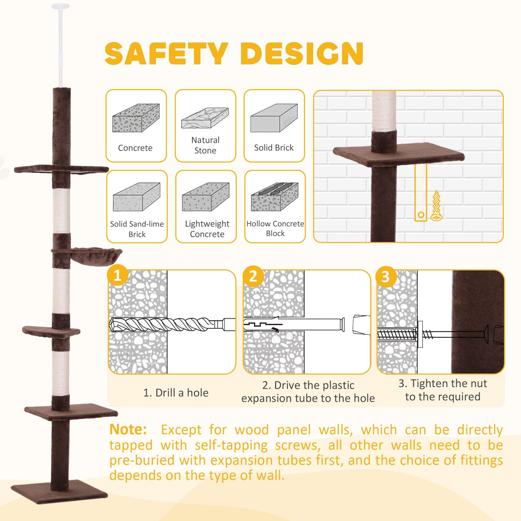 PawHut Floor to Ceiling Cat Tree Height Adjustable 230-260cm, 5-Tier Cat Tower with Scratching Post, Hammock, Perches, Climbing Activity Centre for Indoor Kittens, Brown 7