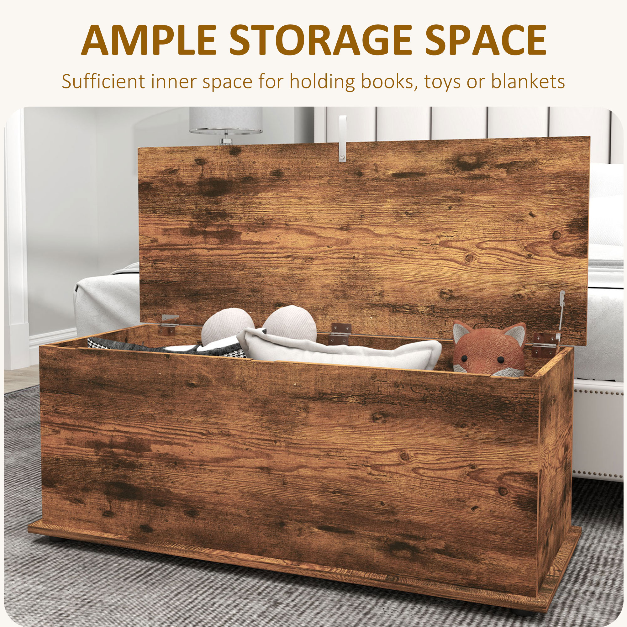 HOMCOM 113L Storage Chest, Storage Box with Flip-Top Lid and 2 Safety Hinges, Storage Trunk for Living Room, Entryway, 100 x 40 x 40 cm, Rustic Brown 4