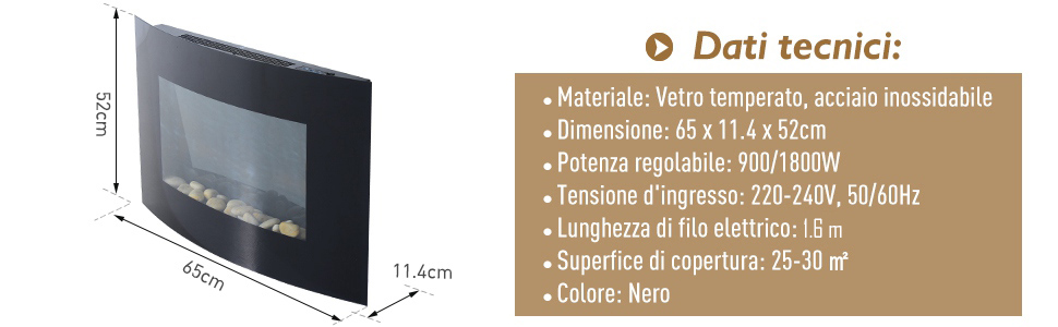 Caminetto Elettrico Da Parete HOMCOM Con Effetto Fiamma A 7 Colori | Telecomando E Timer | 65x52 Cm Nero