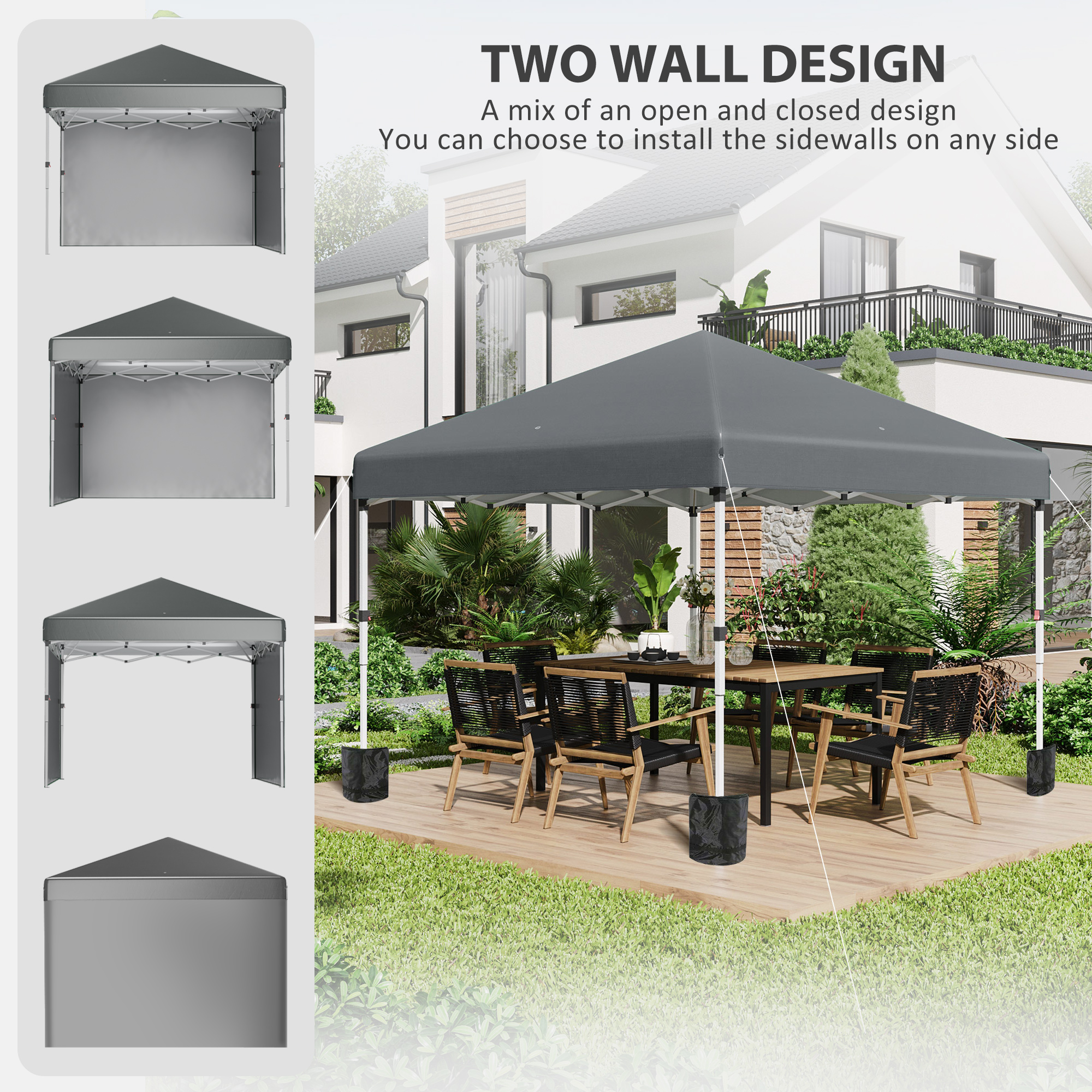 Outsunny 3 x 3 (M) Pop Up Gazebo, UPF 30+ with 2 Sidewalls, Leg Weight Bags and Wheeled Bag, Height Adjustable Party Tent Event Shelter for Garden, Patio, Dark Grey 4