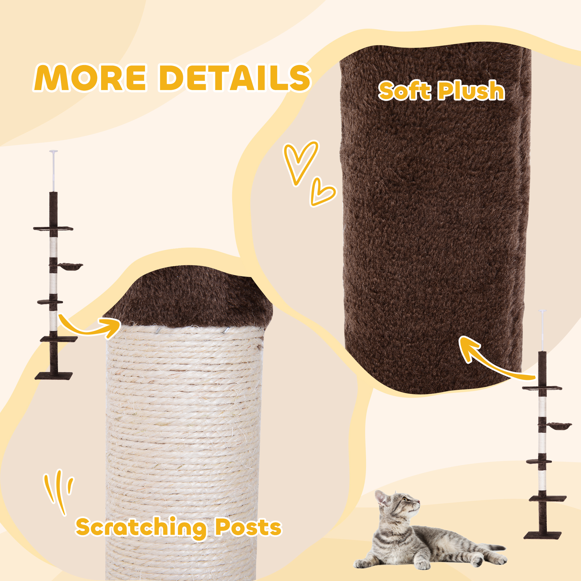 PawHut Floor to Ceiling Cat Tree Height Adjustable 230-260cm, 5-Tier Cat Tower with Scratching Post, Hammock, Perches, Climbing Activity Centre for Indoor Kittens, Brown 6