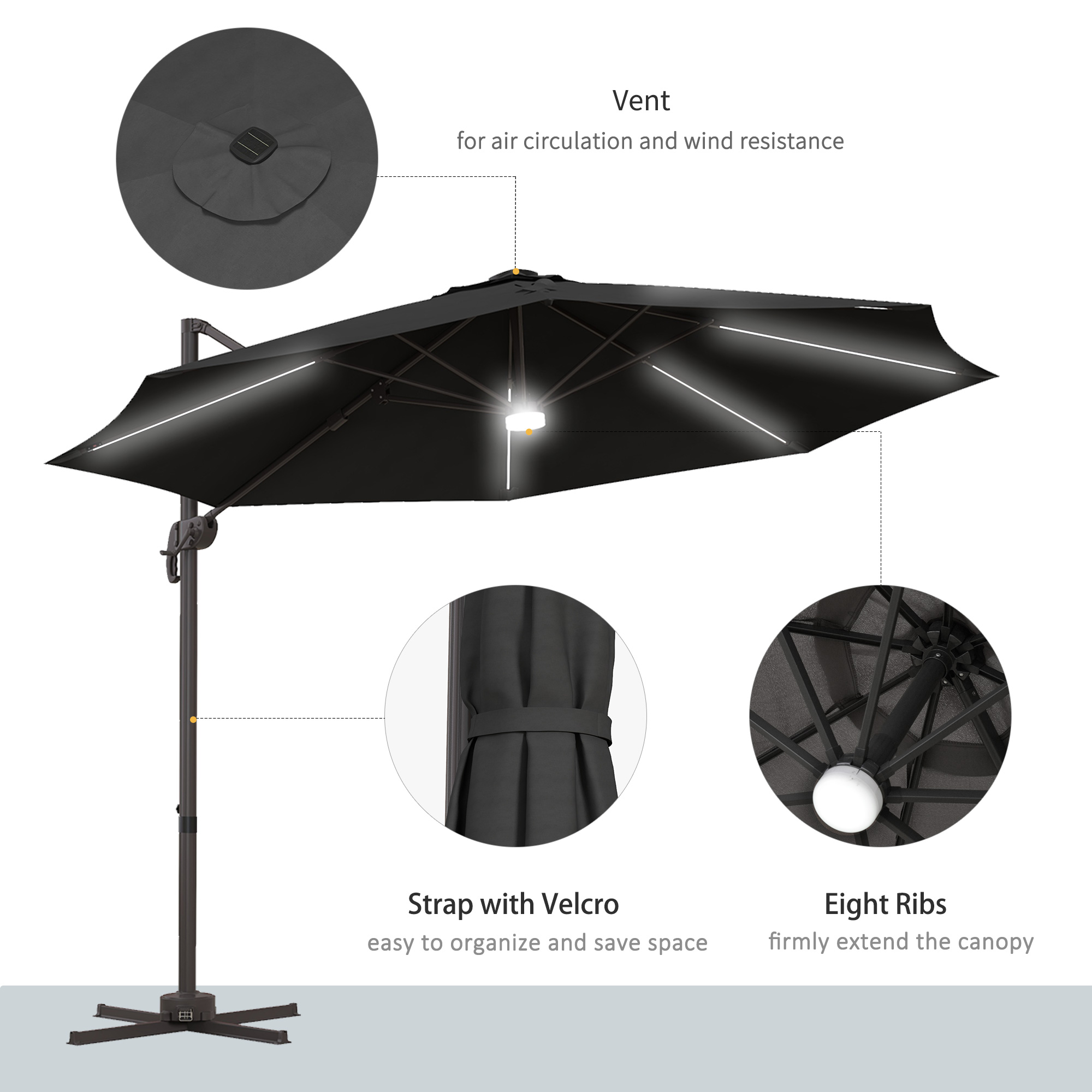 Outsunny Cantilever Parasol, with LED Lights and Cross Base Dark Grey 7