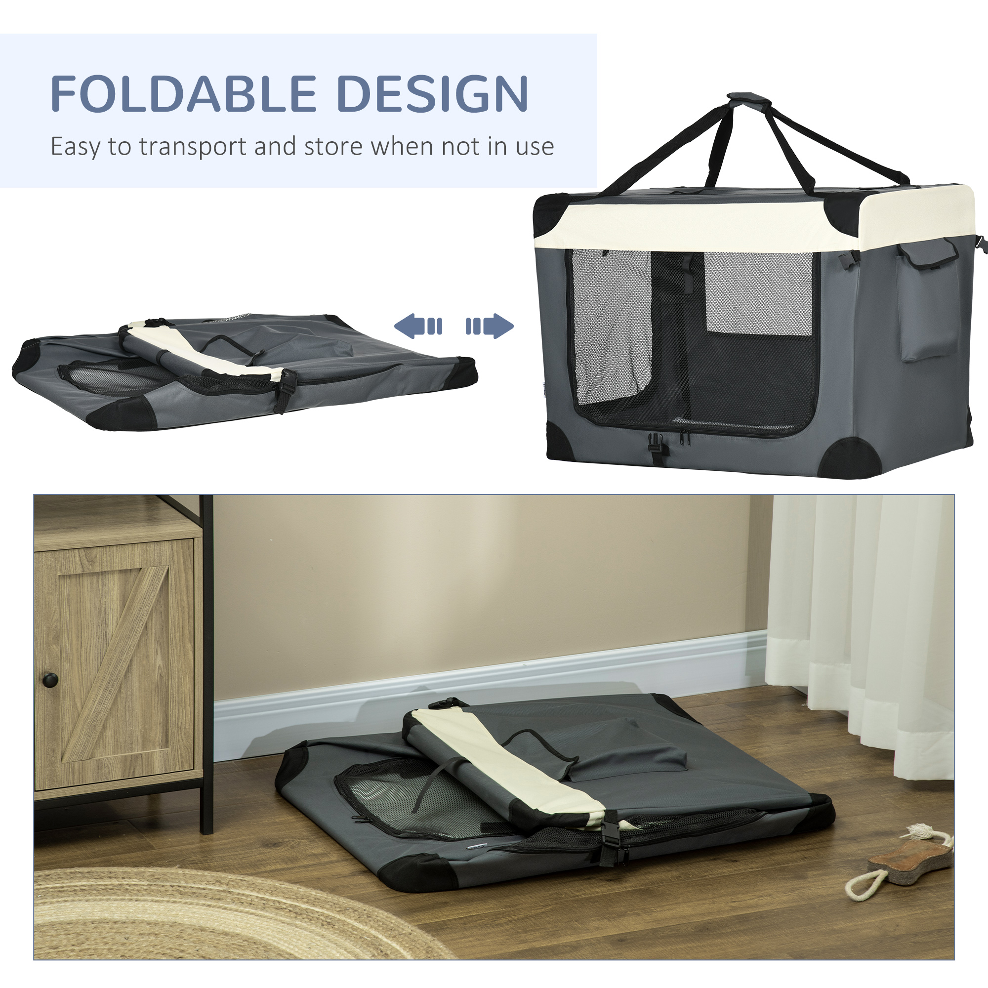 PawHut 91cm Foldable Pet Carrier, with Cushion, for Large Dogs and Cats Grey 6