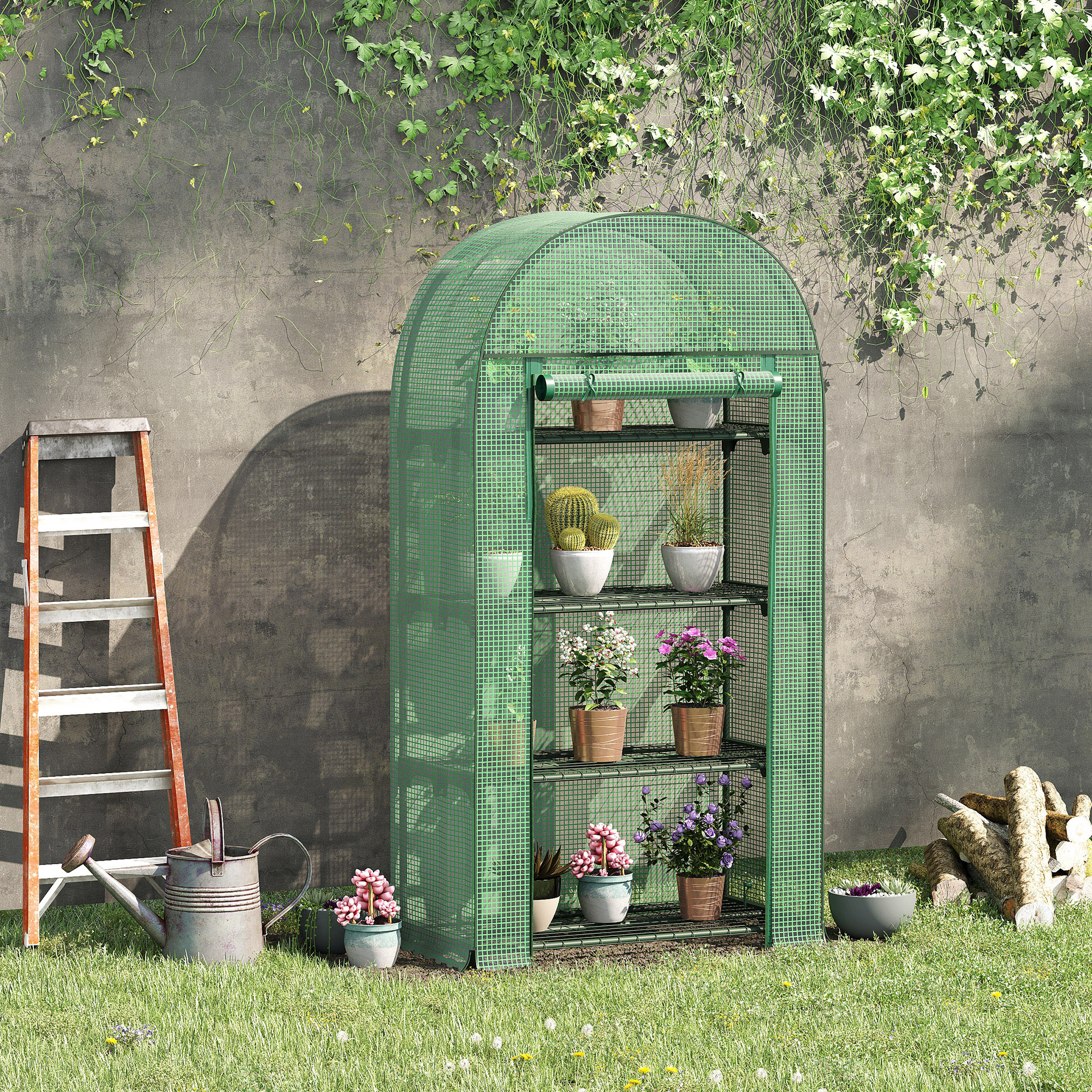 Outsunny 4 Tier Mini Greenhouse for Outdoor, Portable Gardening Plant Green House with Storage Shelf, Roll-Up Zipped Door, Metal Frame and PE Cover, 80 x 49 x 160cm, Green 2