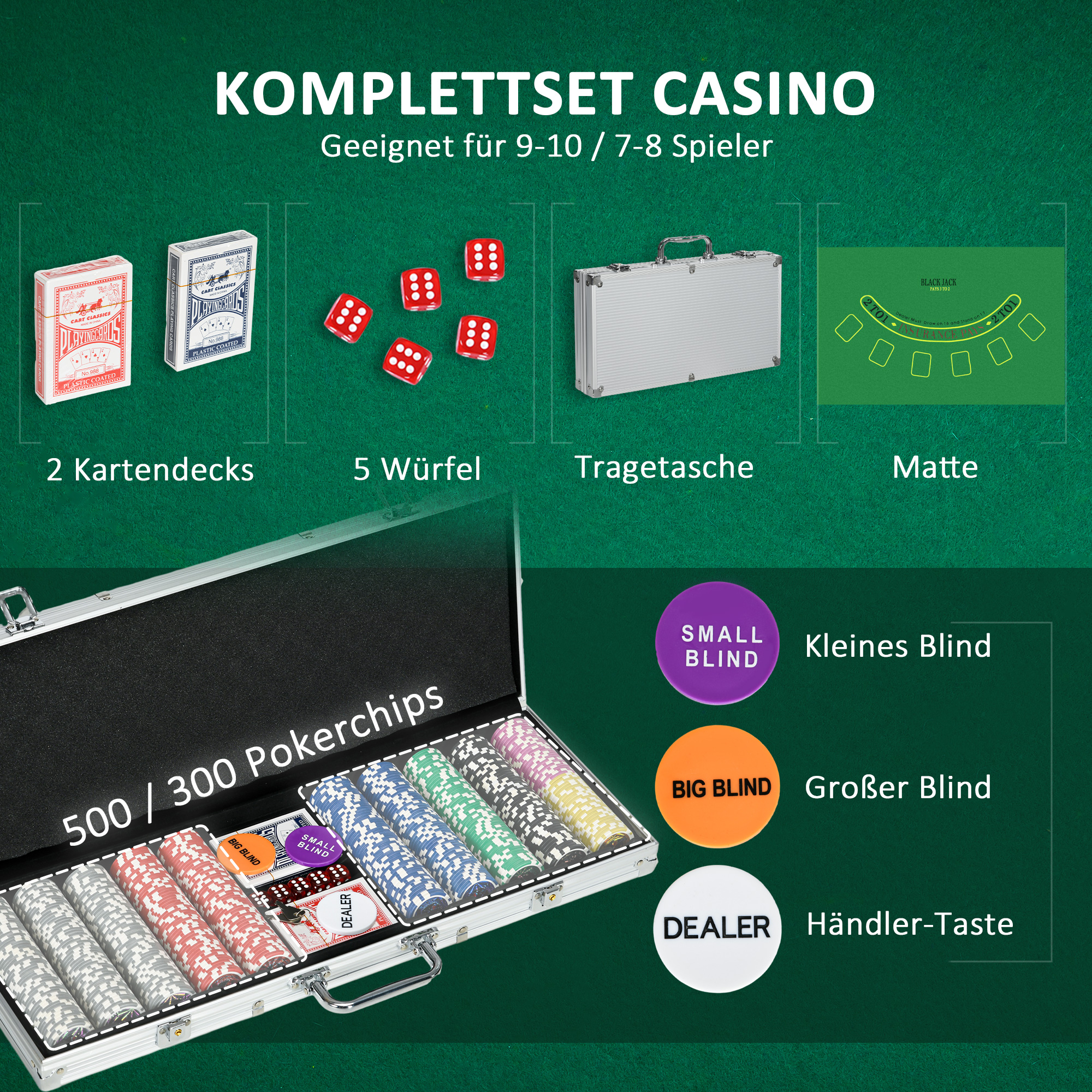 Kasiinotarvikud ja žetoonid Pokkerikomplekt žetoonidega Pokkerižetoonide karp, sh matt, 500 žetooni, komplekt 9-10 mängijale, hõbedane