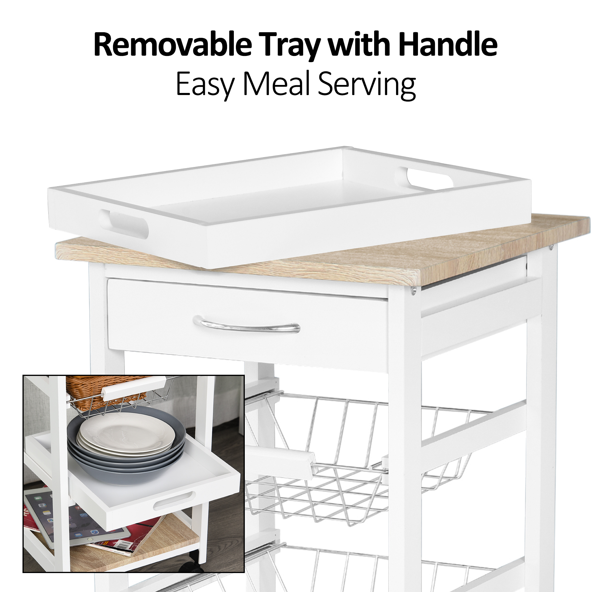 HOMCOM Mobile Rolling Kitchen Island Trolley for Home w/ Metal Baskets Trays Shelves Wheels Compact Stylish Storage White 5