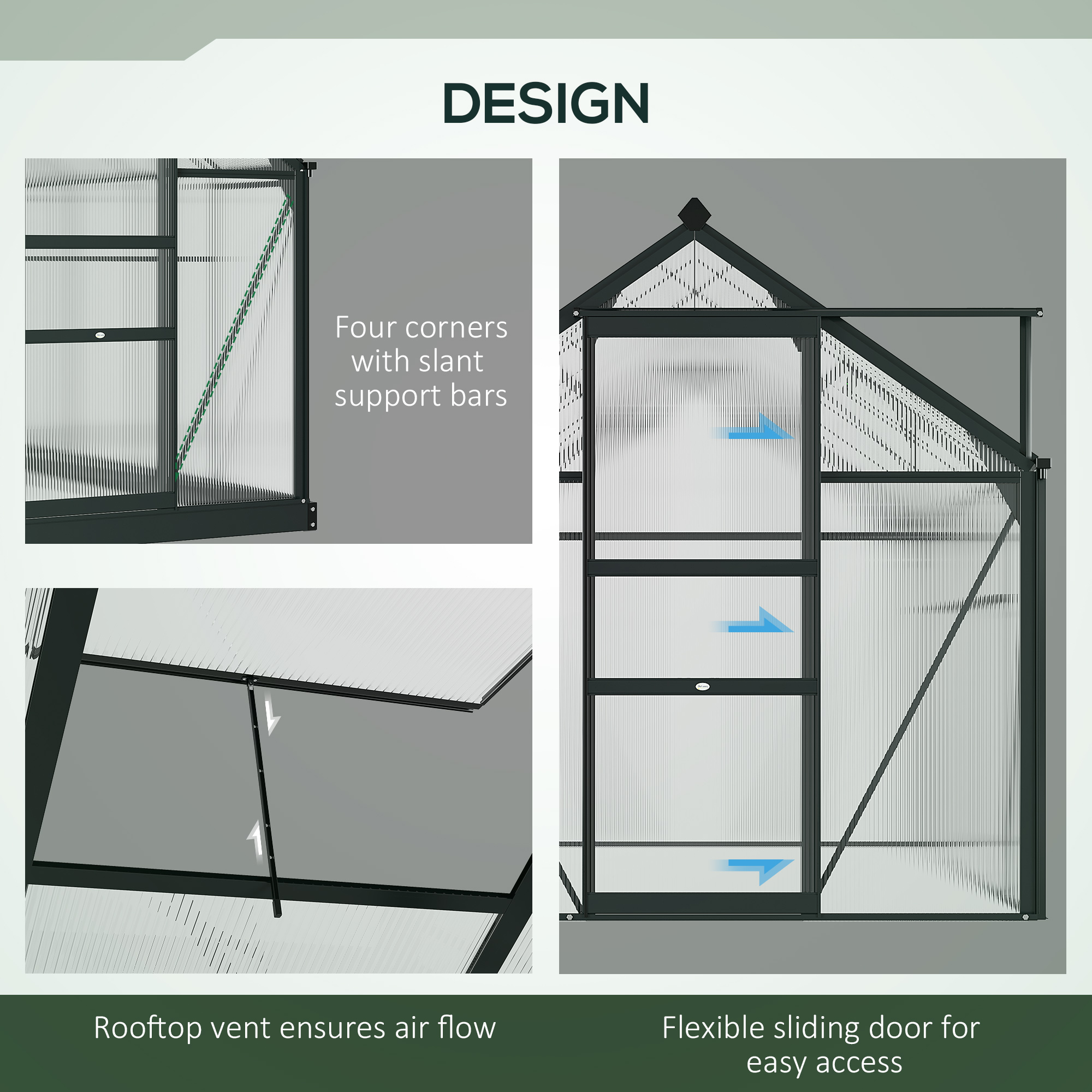 Outsunny 6 x 4ft Polycarbonate Greenhouse, Large Walk-In Green House with Slide Door and Window, Garden Plants Grow House with Aluminium Frame and Foundation, Grey 6