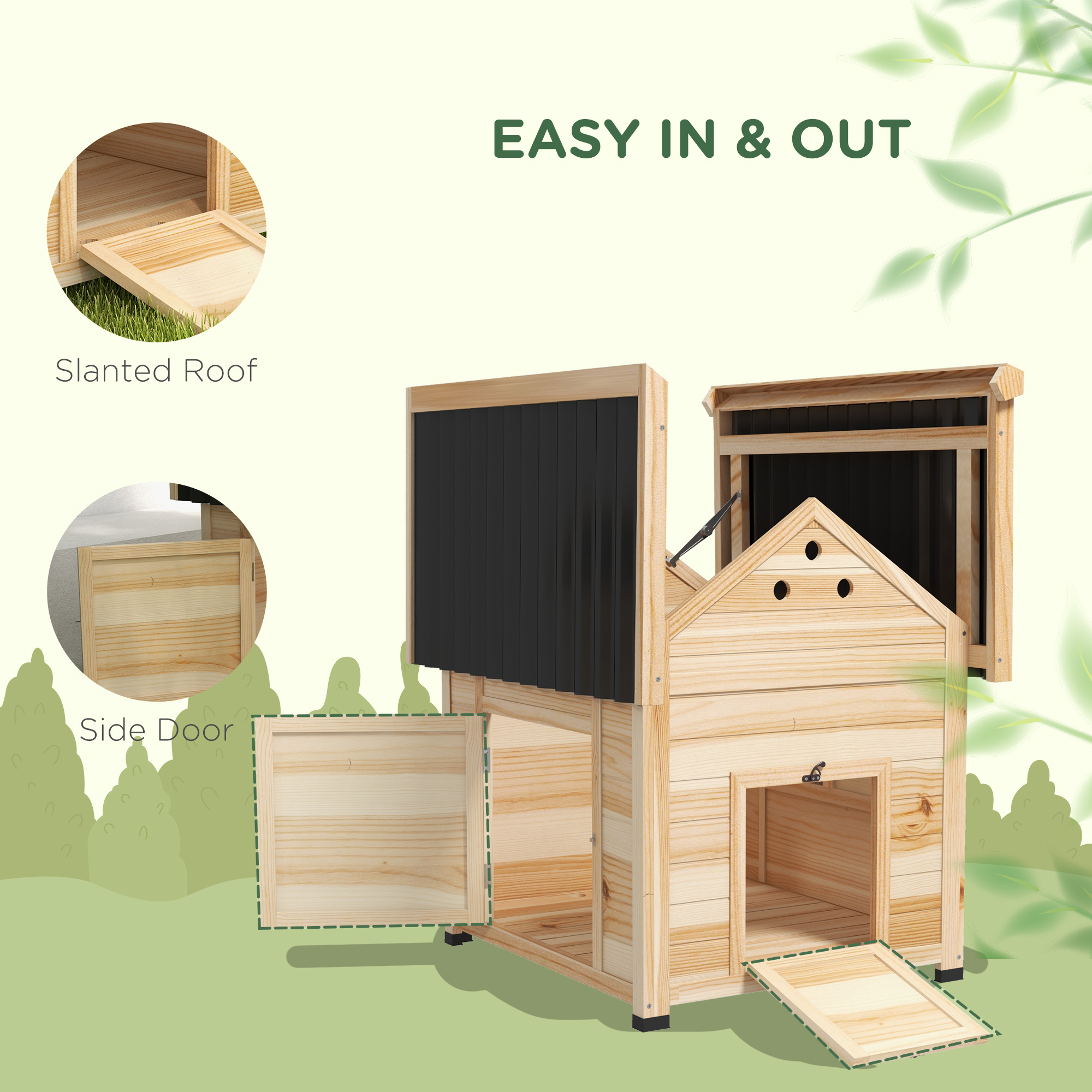 PawHut Wooden Duck House with Double Doors, Openable Roof, Ventilation Holes, Removable Base, Natural Wood Finish 5