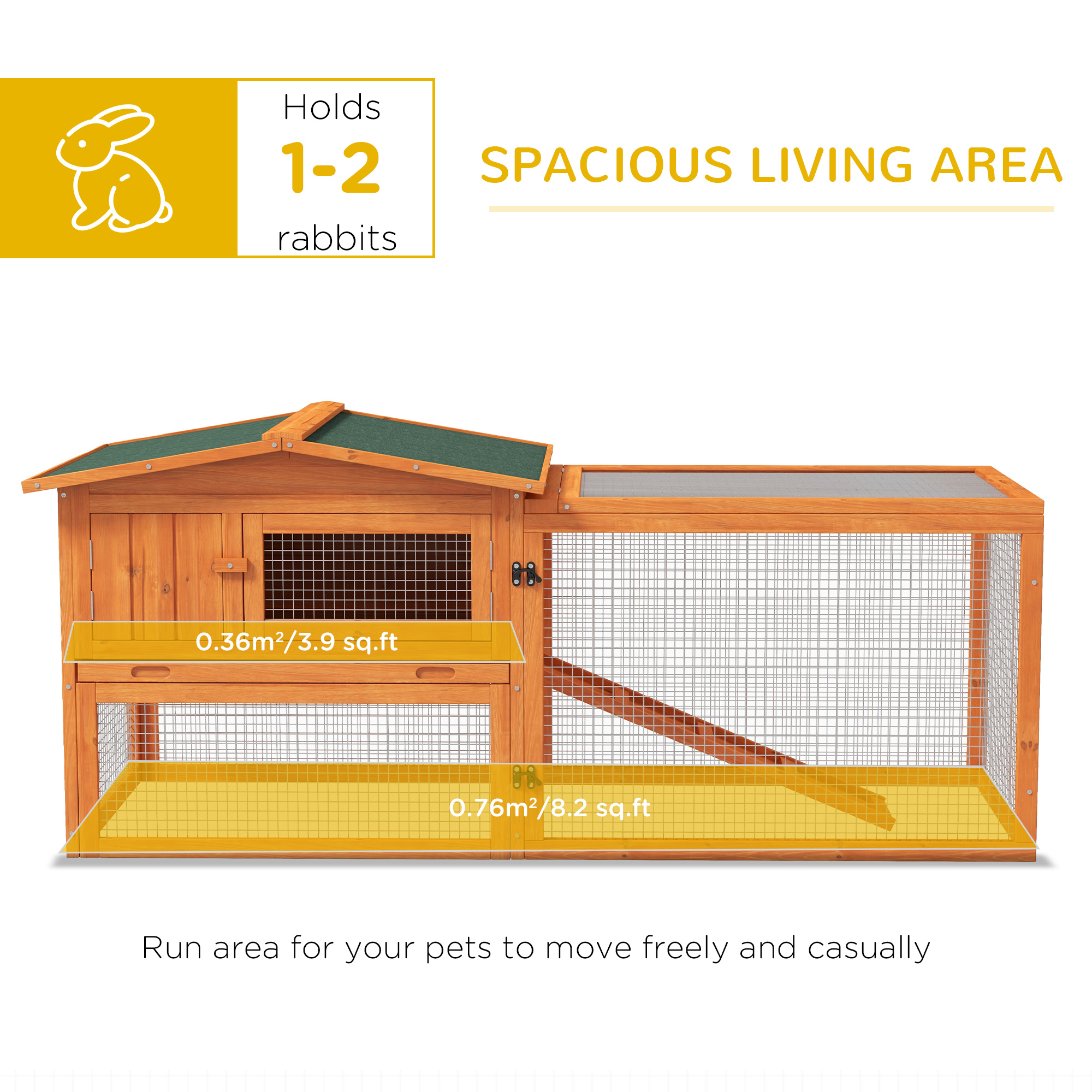 PawHut Rabbit Hutch with Run Wooden Guinea Pig Hutch Outdoor Bunny Cage Hide House with Sliding Tray, Hay Rack, Ramp, 156 x 58 x 68cm, Orange 5