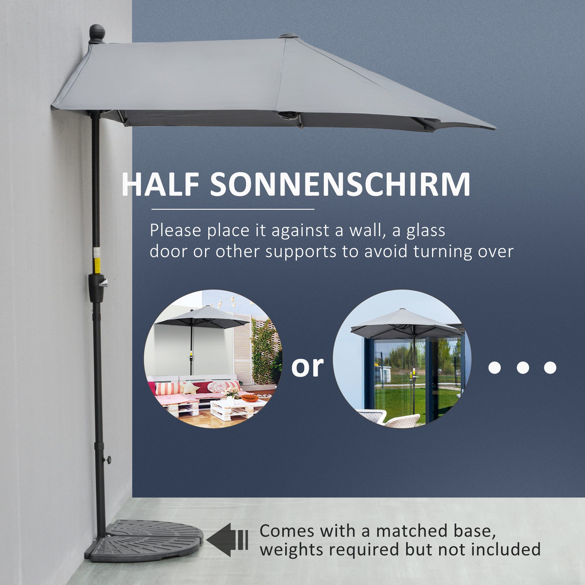 Outsunny 2m Half Parasol Market Umbrella Garden Balcony Parasol with Crank Handle, Base, Double-Sided Canopy, Dark Grey 4