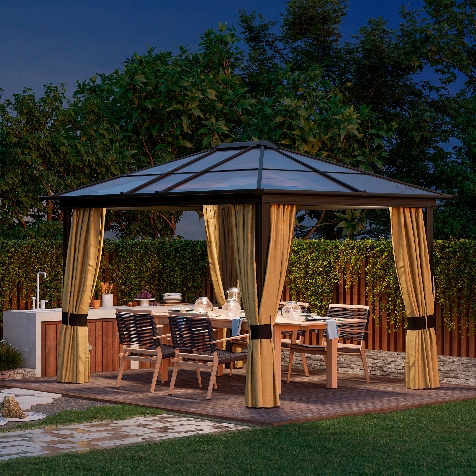 Outsunny 3 x 3.6m Polycarbonate Hardtop Gazebo with LED Solar Light and Aluminium Frame, Garden Pavilion with Mosquito Netting and Curtains 2