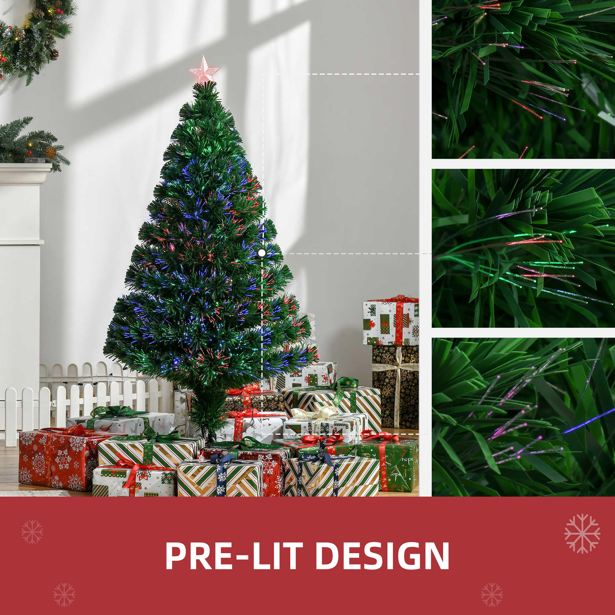 HOMCOM 4FT Pre-Lit Fibre Optic Artificial Christmas Tree Holiday Xmas Décor with Tree Topper Multi-Colour 5