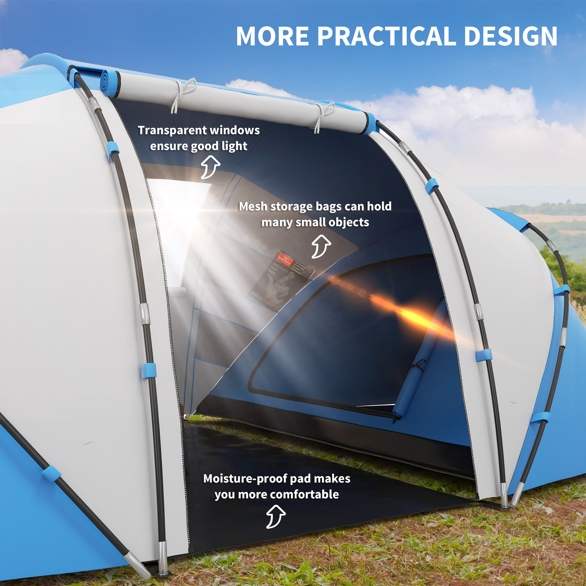 Outsunny 4-6 Man Camping Tent w/ Two Bedroom, Hiking Sun Shelter, UV Protection Tunnel Tent, Blue and White 6