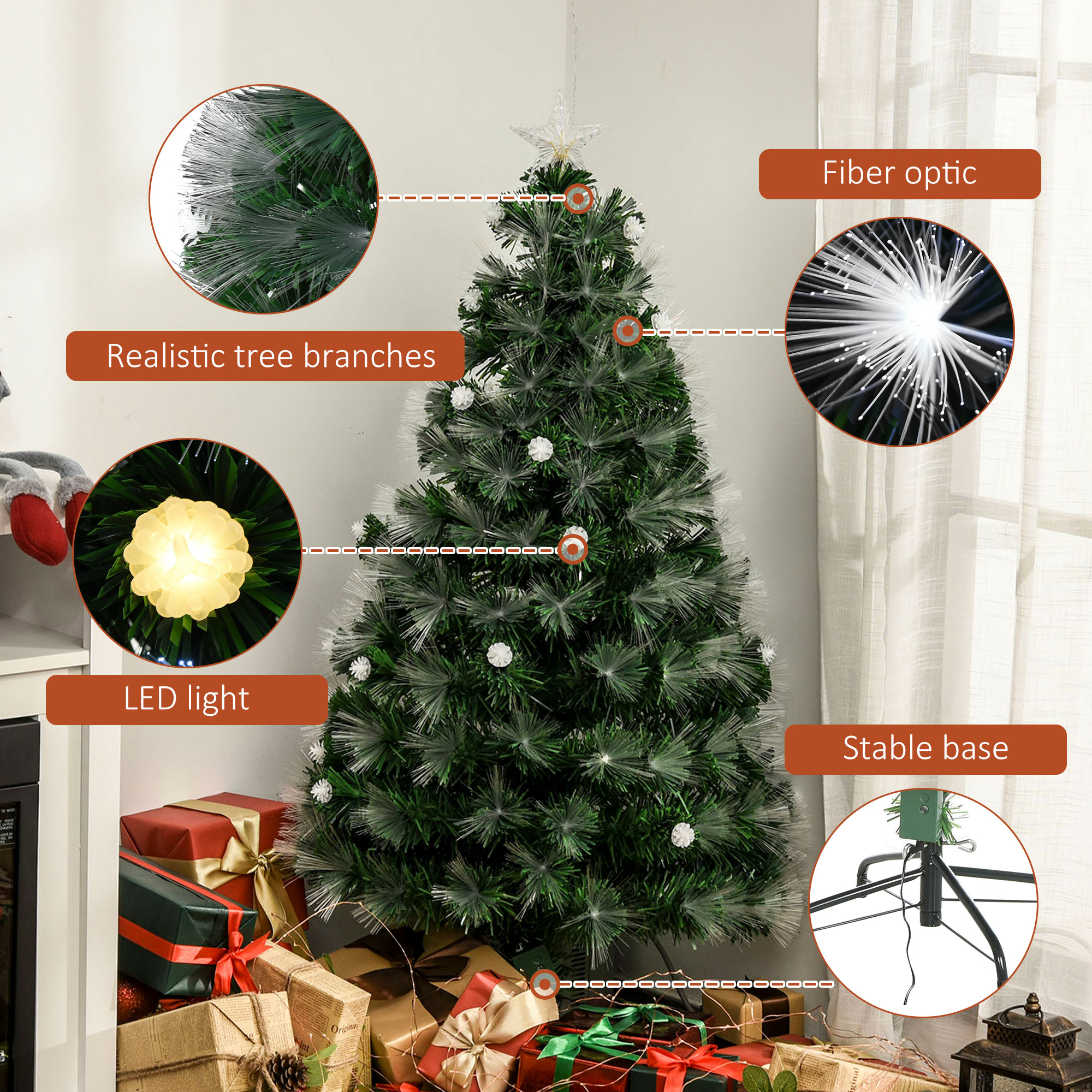 HOMCOM 4ft White Light Artificial Christmas Tree w/ 130 LEDs Star Topper Tri-Base Full Bodied Seasonal Decoration Pre-Lit Home 8