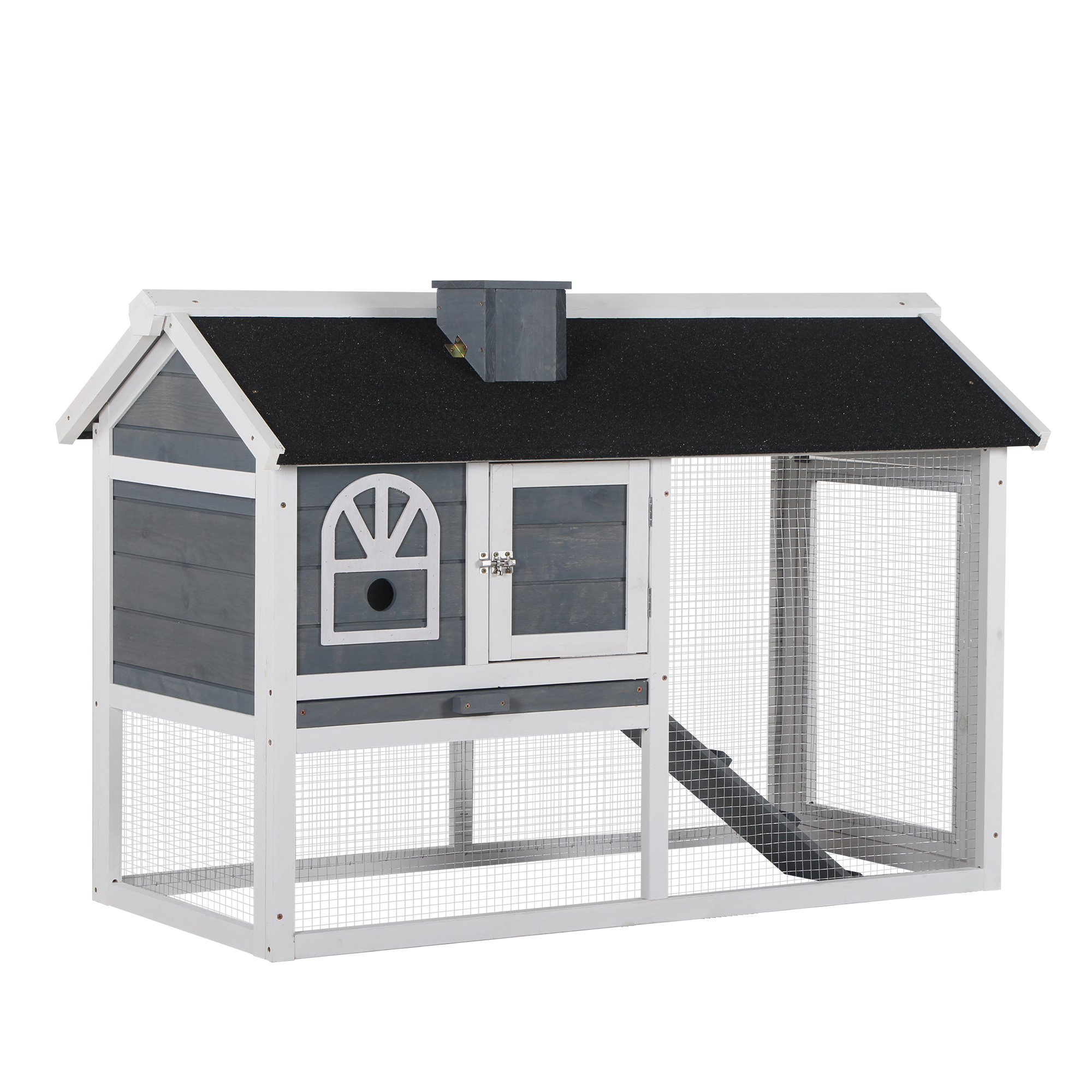 PawHut Wooden Rabbit Hutch and Run with Sliding Tray, Ramp, Water-resistant Roof, for 2-4 Rabbits, Green