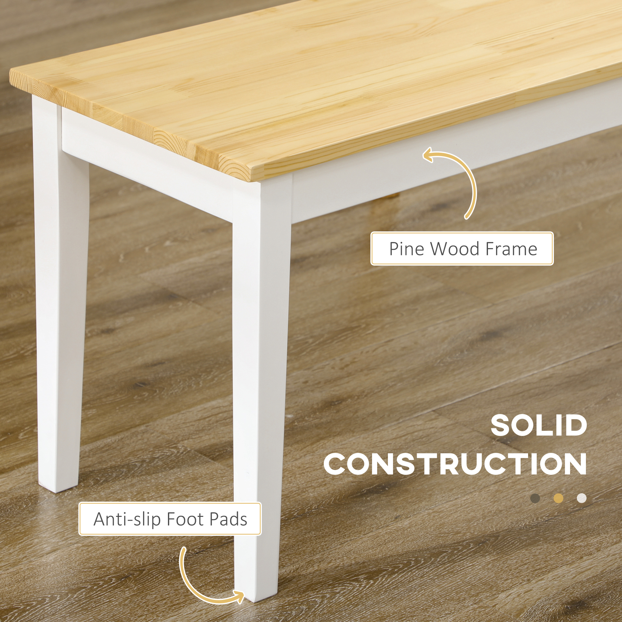 HOMCOM Dining Table and Bench Set, Farmhouse Kitchen Table and Bench with Wooden Frame for Living Room, Dining Room, Natural and White 5