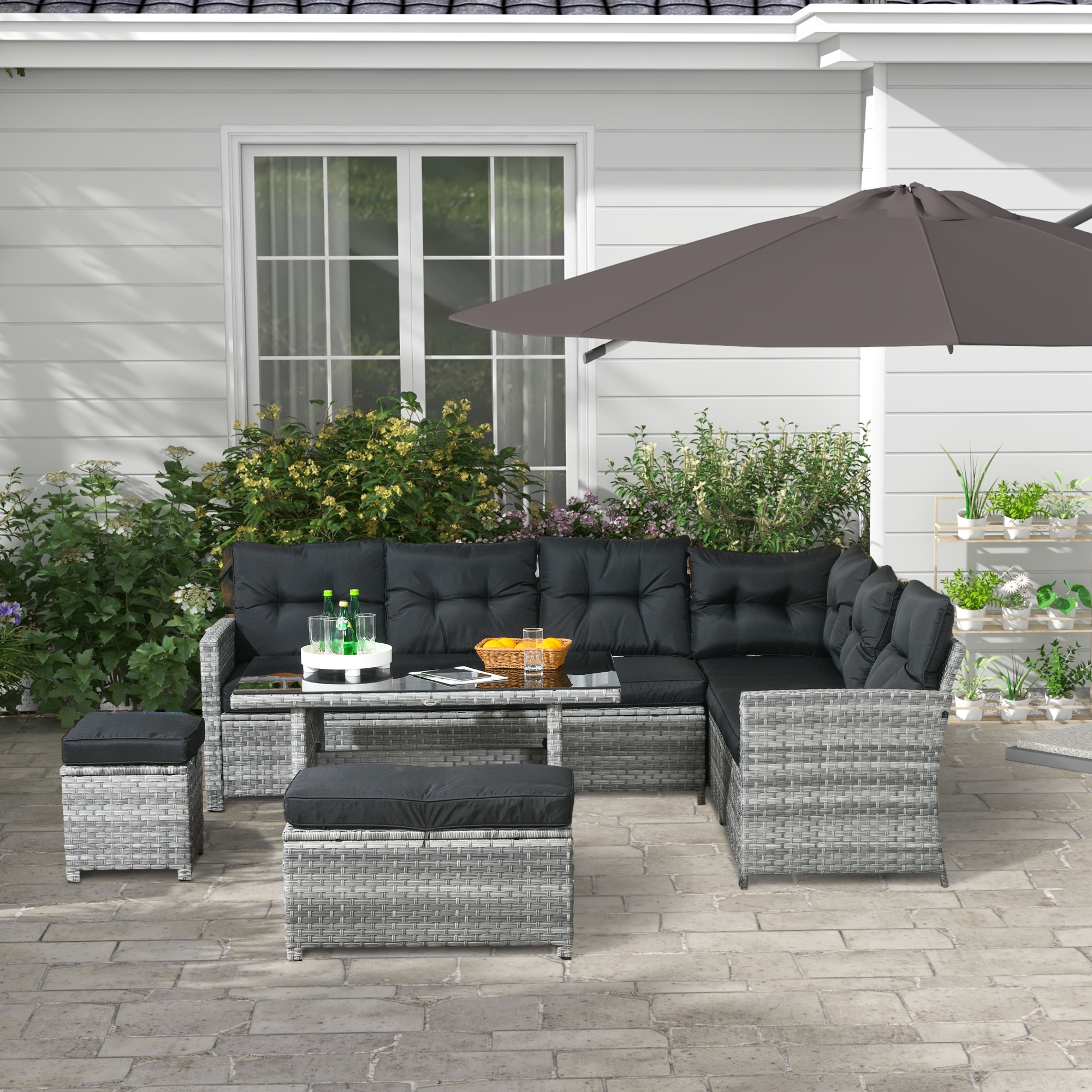 Outsunny 5-Piece Rattan Patio Furniture Set with Corner Sofa, Footstools, Glass Coffee Table, Cushions, Mixed Grey 2
