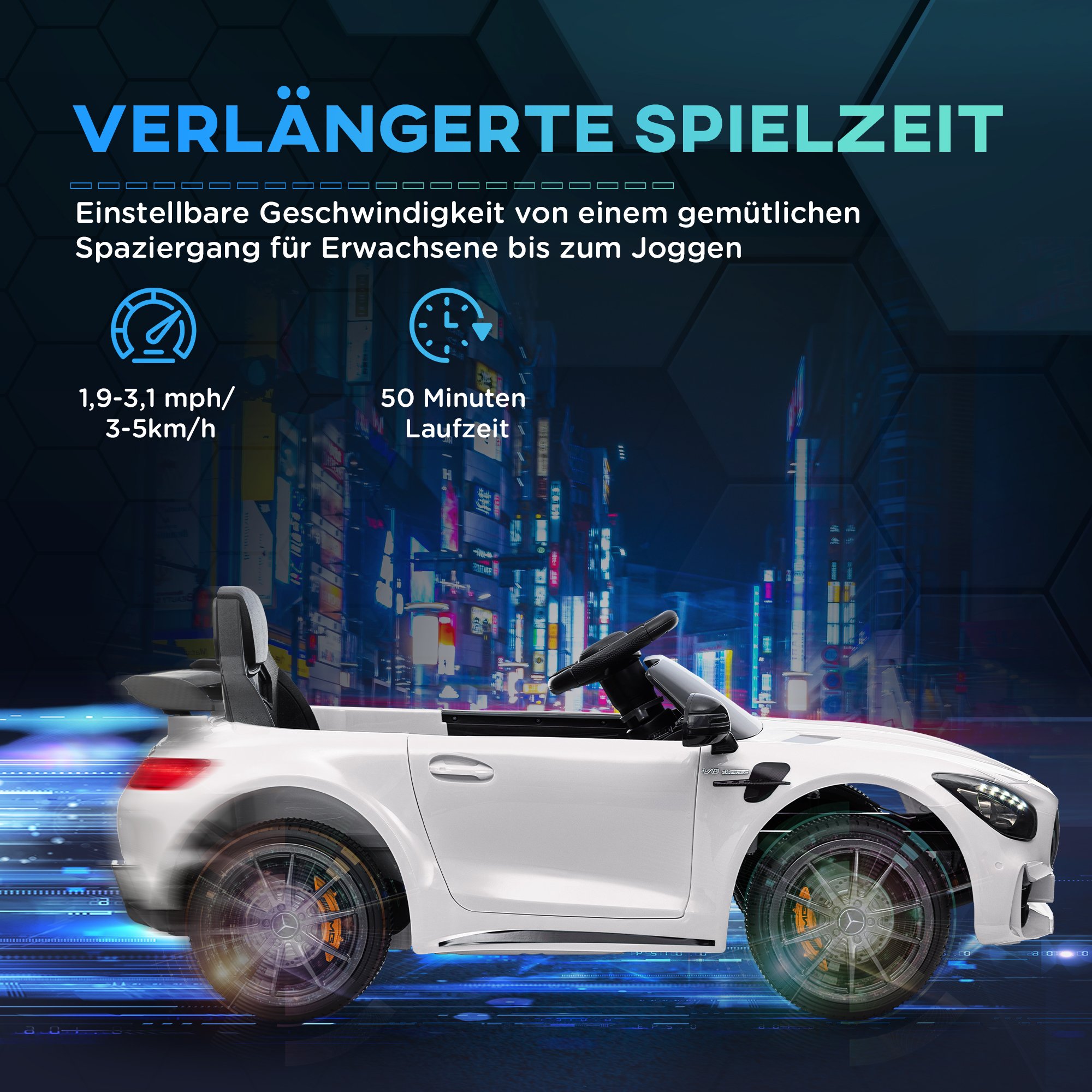 Elektriline lasteauto, Mercedes, 3-5 km/h, puldiga, tulede ja muusikaga, valge