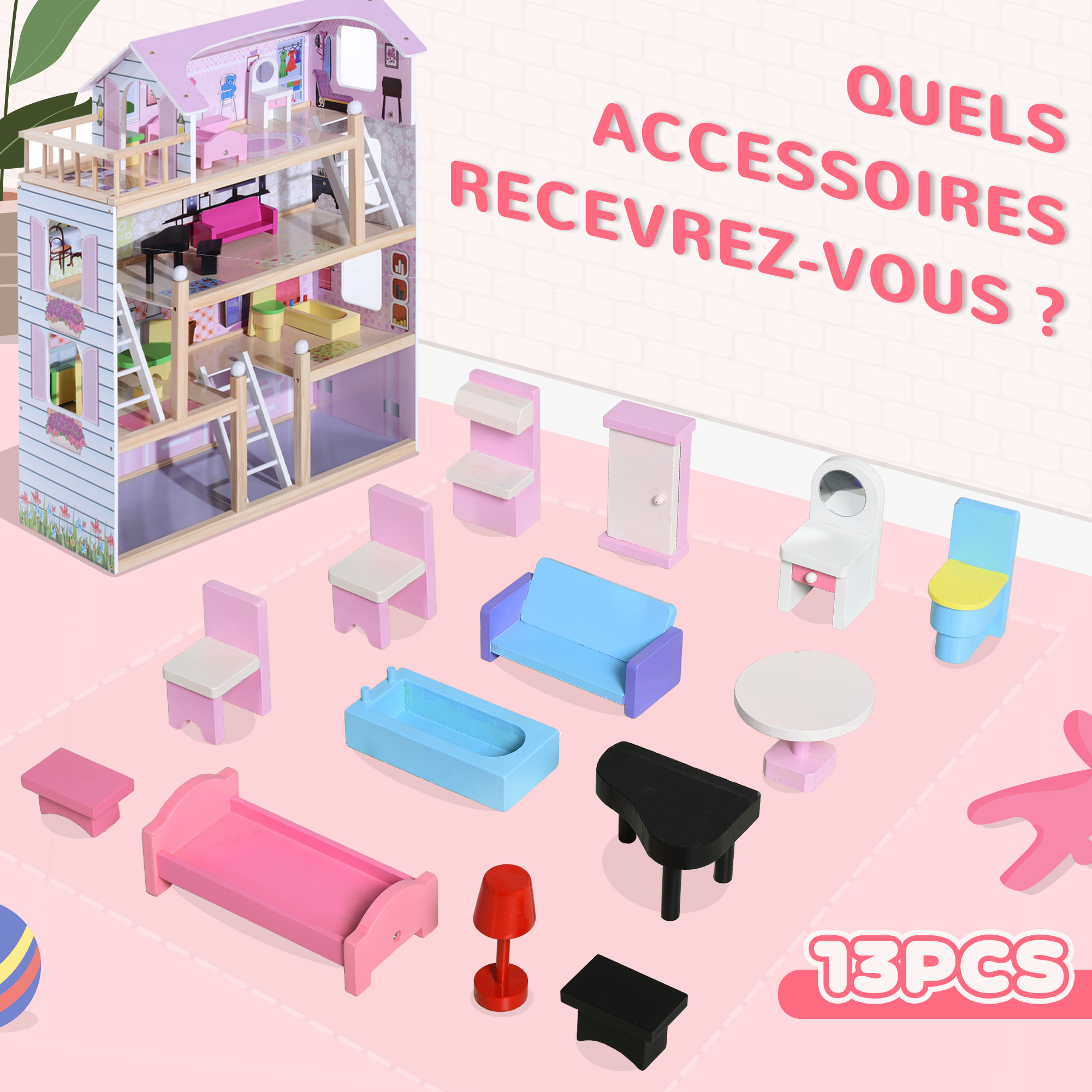 Maison De Poupée HOMCOM En Bois 4 Étages Avec Accessoires - 60x30x80 Cm Blanc Rose Pour Enfants 3+ Ans