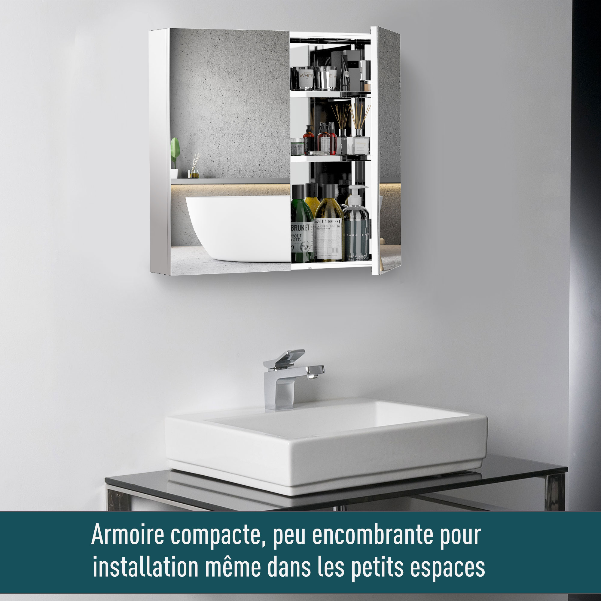 Armoire Miroir Triple Porte Acier Inoxydable – Rangement Salle De Bain 60 X 12 X 55 Cm Avec 3 Étagères