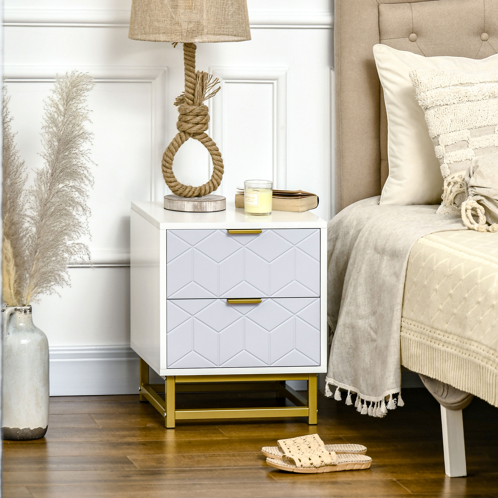 HOMCOM Bedside Table with 2 Drawers, Side Table, Bedside Cabinet with Steel Frame for Living Room, Bedroom, Grey and White 2