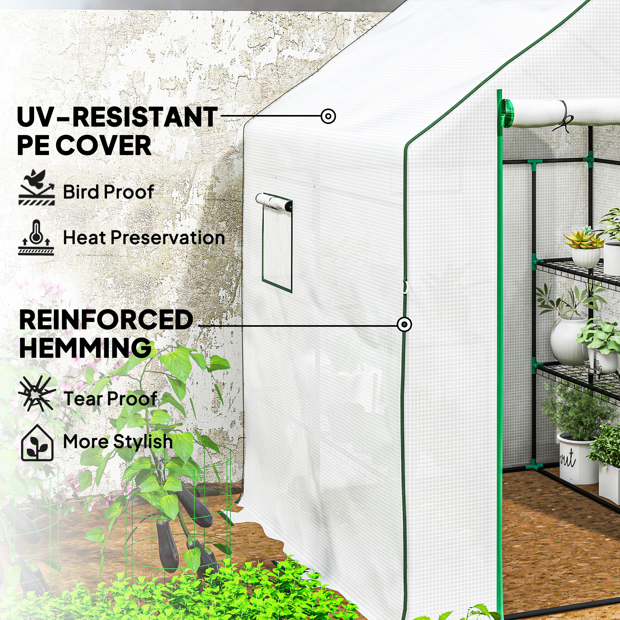 Outsunny 143 x 140cm Walk-In Greenhouse, with Accessories White 5