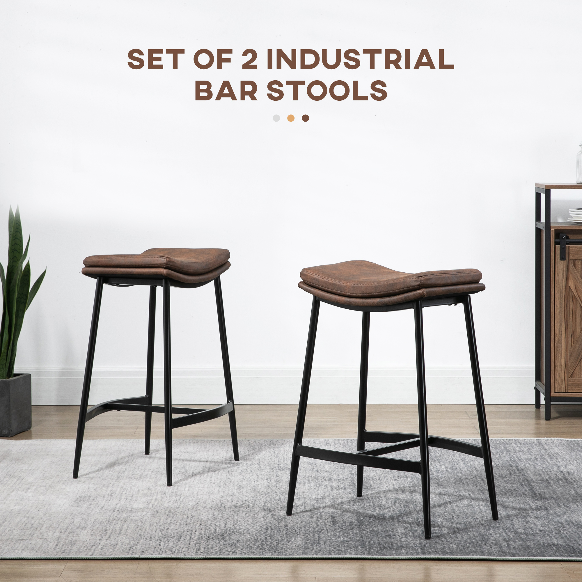 HOMCOM Breakfast Bar Stools Set of 2, Microfibre Upholstered Barstools, Industrial Bar Chairs with Curved Seat and Steel Frame for Dining Room, Kitchen, Brown 4