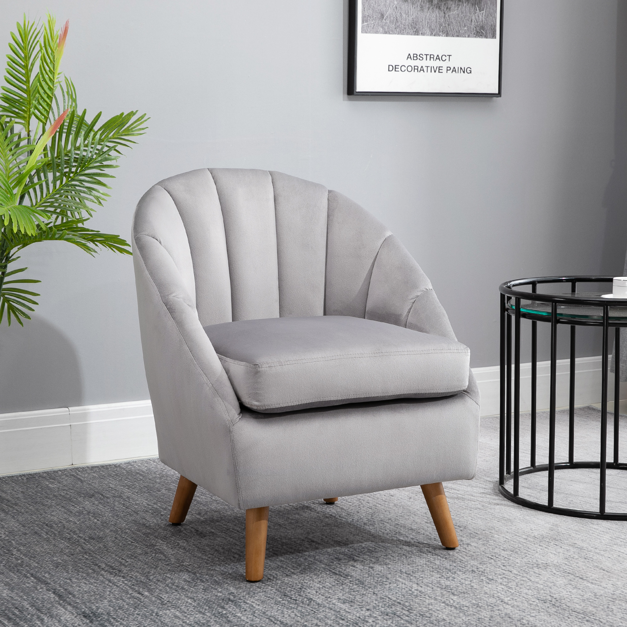 HOMCOM Accent Chair Velvet Fabric Single Sofa Armchair Home Living Room Solid Wood Leg Upholstered Side Armchair Grey 2