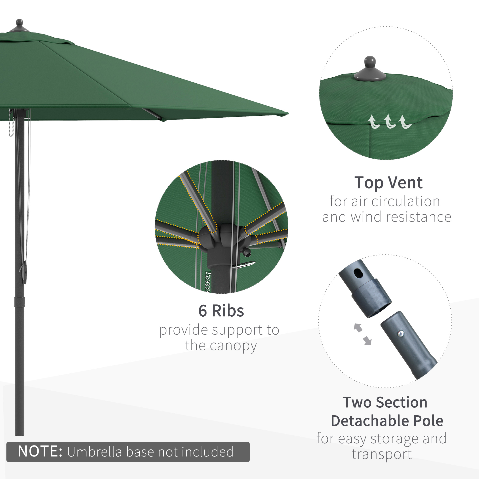 Outsunny 2.8m Garden Parasol Umbrella, Round Outdoor Market Table Umbrella Sun Shade Canopy, Green 5