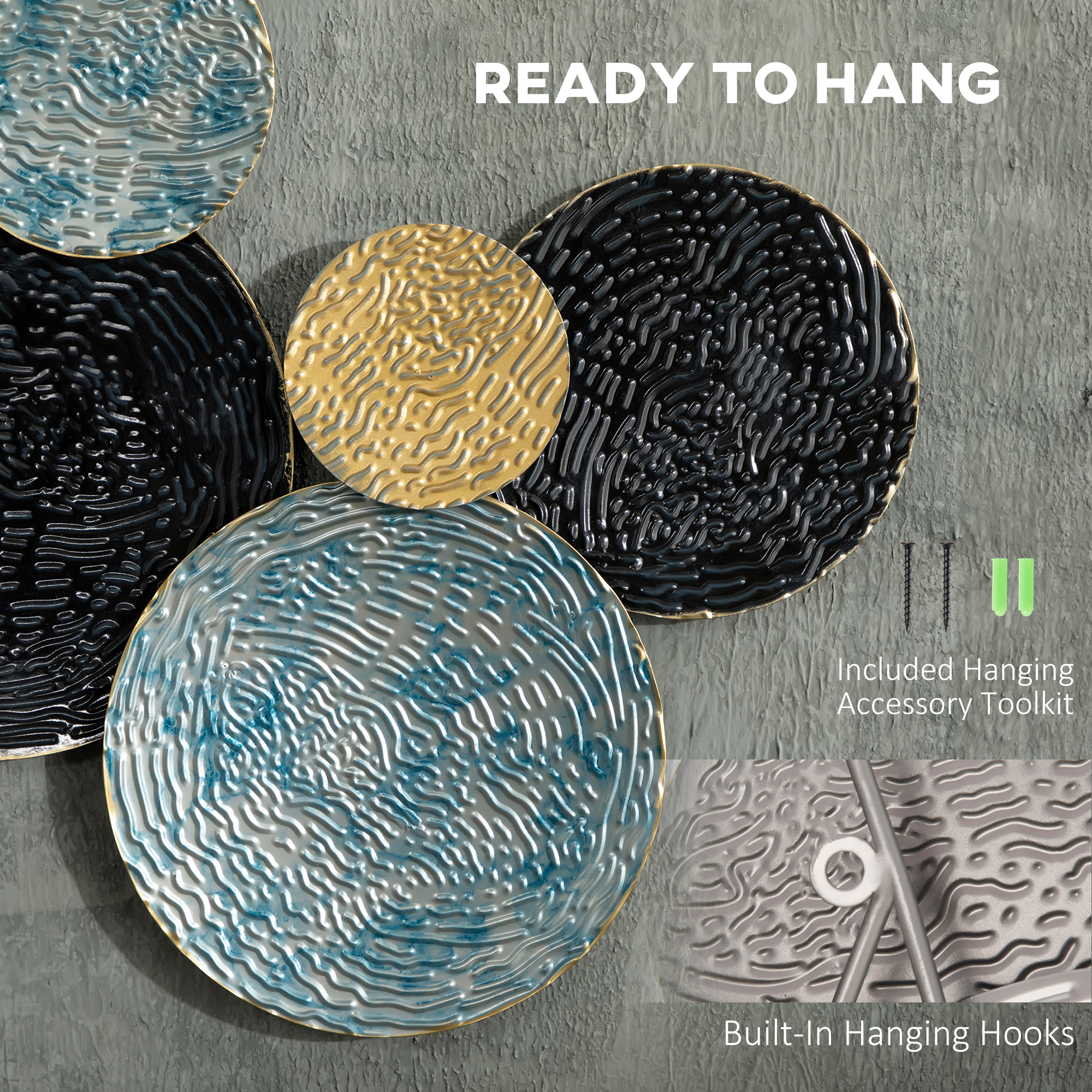 HOMCOM 3D Metal Wall Art Modern Circle Hanging Wall Sculptures Home Decor for Living Room Bedroom Dining Room, Blue Black Gold 5