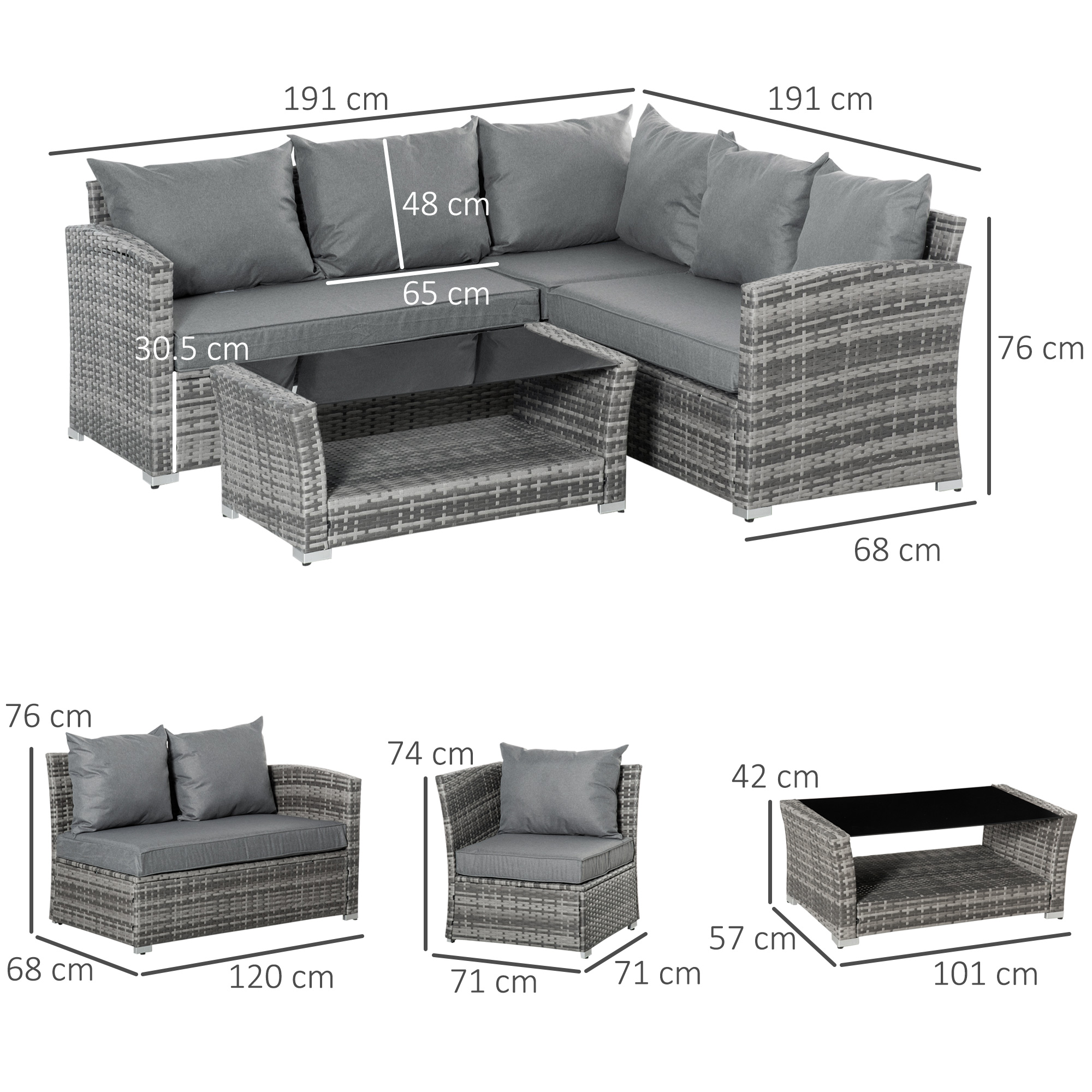Outsunny Set Mobili da Giardino in Rattan PE da 4 Pezzi, Salotto con Divano Angolare e Tavolino con Vetro, Cuscini Imbottiti e Sfoderabili, Grigio | Italy