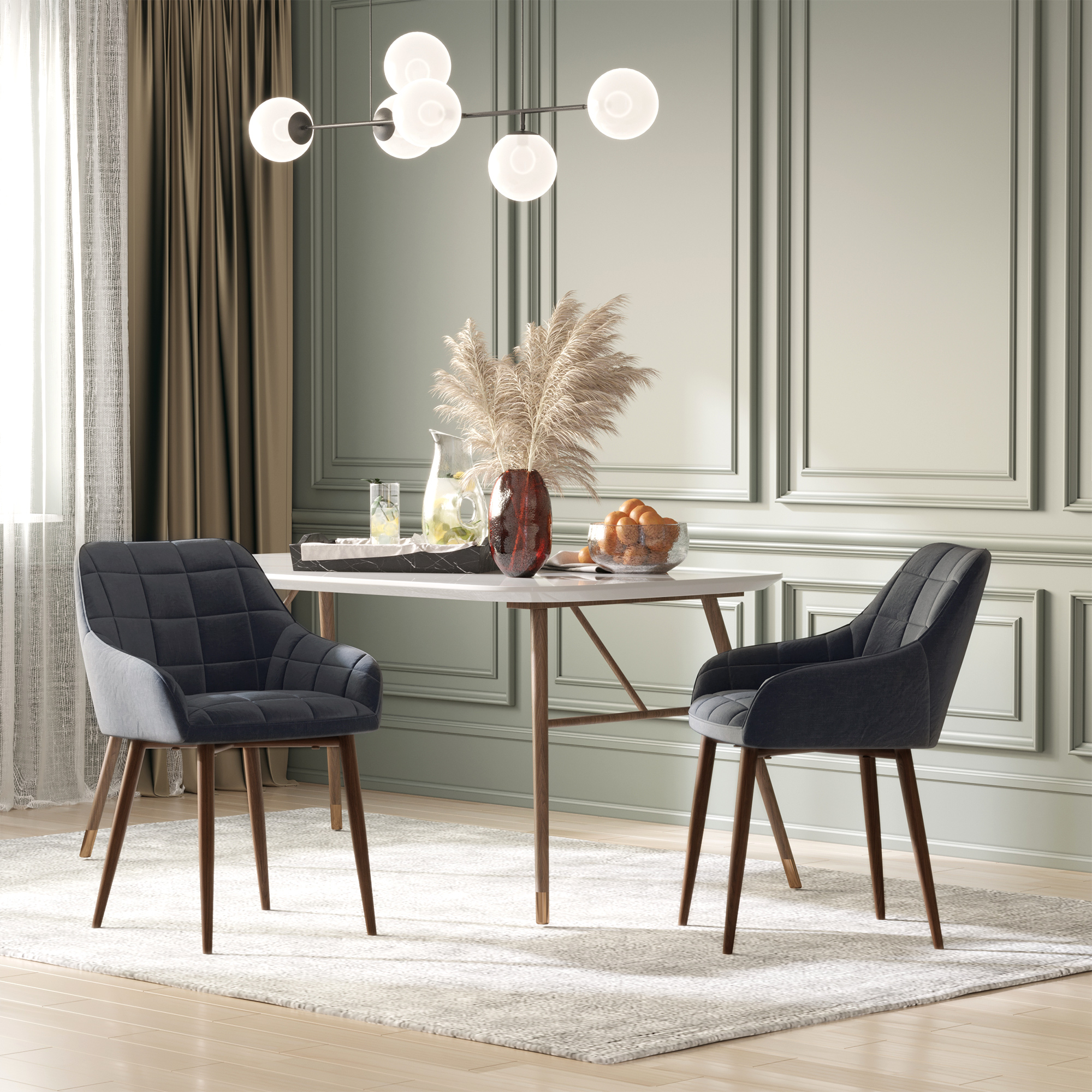 HOMCOM 2 Pieces Linen-Touch Fabric Dining Chair with Grid Pattern Cushion and Backrest, Mid Back Leisure Chair with Steel Leg, Sponge Padded Armchair for Dining Room 2
