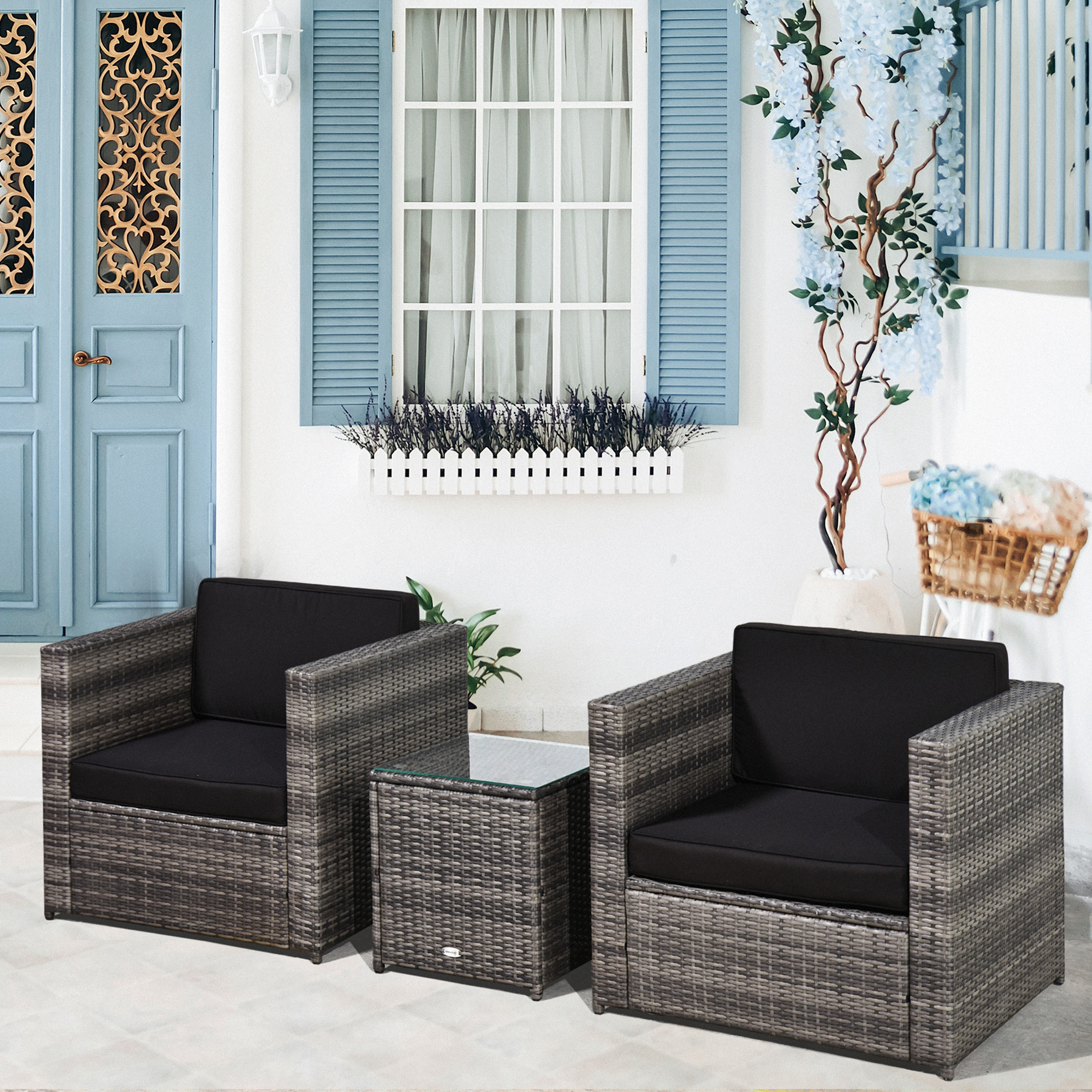 Outsunny 3 Pieces Rattan Bistro Set, Wicker Garden Furniture Set with Glass Top Coffee Table and Chairs, Thickened Washable Cushions for Outdoor, Patio, Balcony, Grey 2