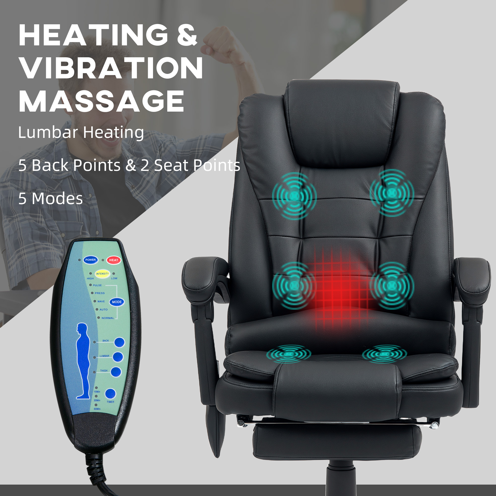 Vinsetto Office Chair with 6 Point Massage and Back Heat, PU Desk Chair with Footrest Adjustable Height and Swivel Wheels, Back Reclining, Black 4