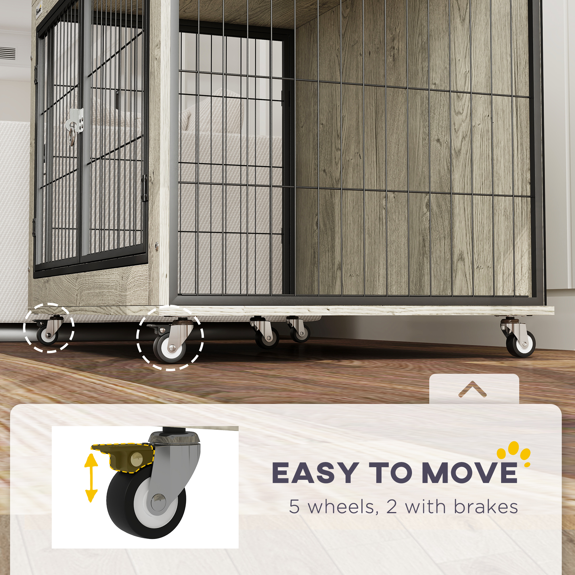 PawHut Dog Crate Furniture with Wheels, Double Doors, for Large Dogs, Grey 6
