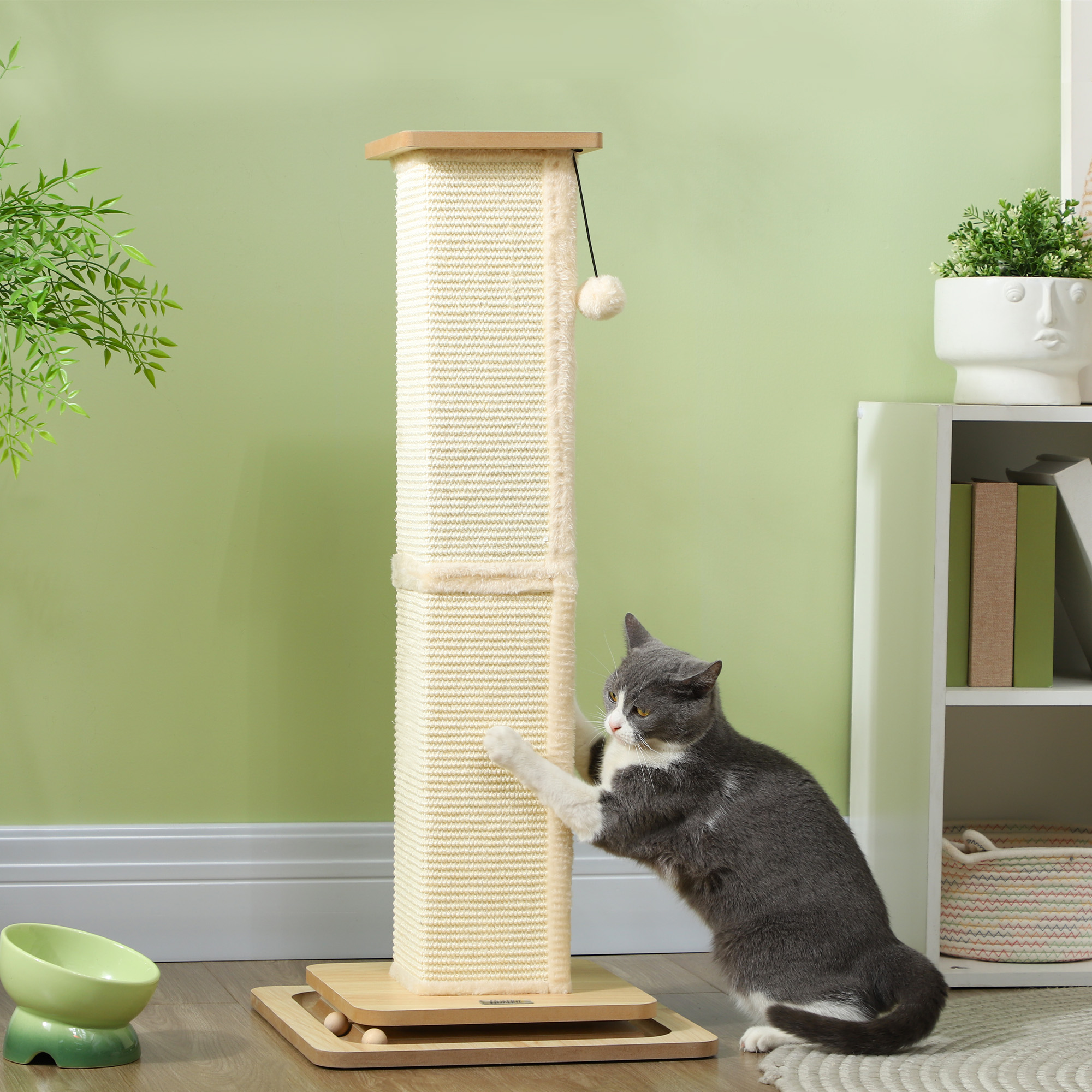 PawHut 3-in-1 Cat Scratching Post, 67cm Cat Scratcher w/ Track Ball Toy, Oak Tone