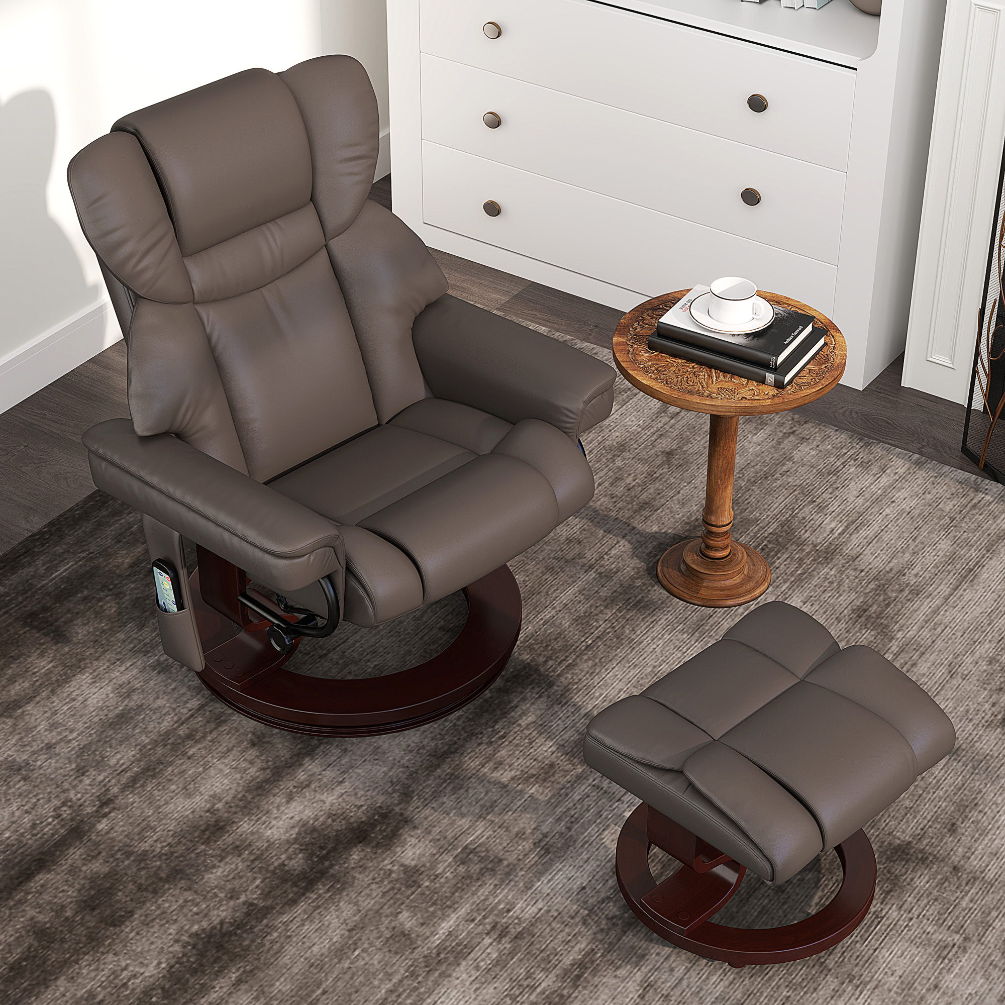 HOMCOM Massage Recliner Chair with Footstool, Upholstered Reclining Armchair with Adjustable Backrest, Steel Frame and Wood Base, Swivel Chair for Living Room, Bedroom, Brown 2