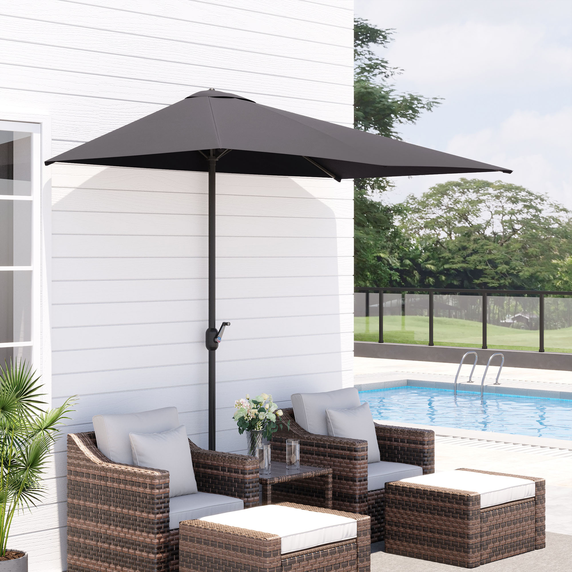 Outsunny Balcony Half Parasol Semi Round Umbrella Patio Crank Handle (2.3 m, Grey)- NO BASE INCLUDED 2
