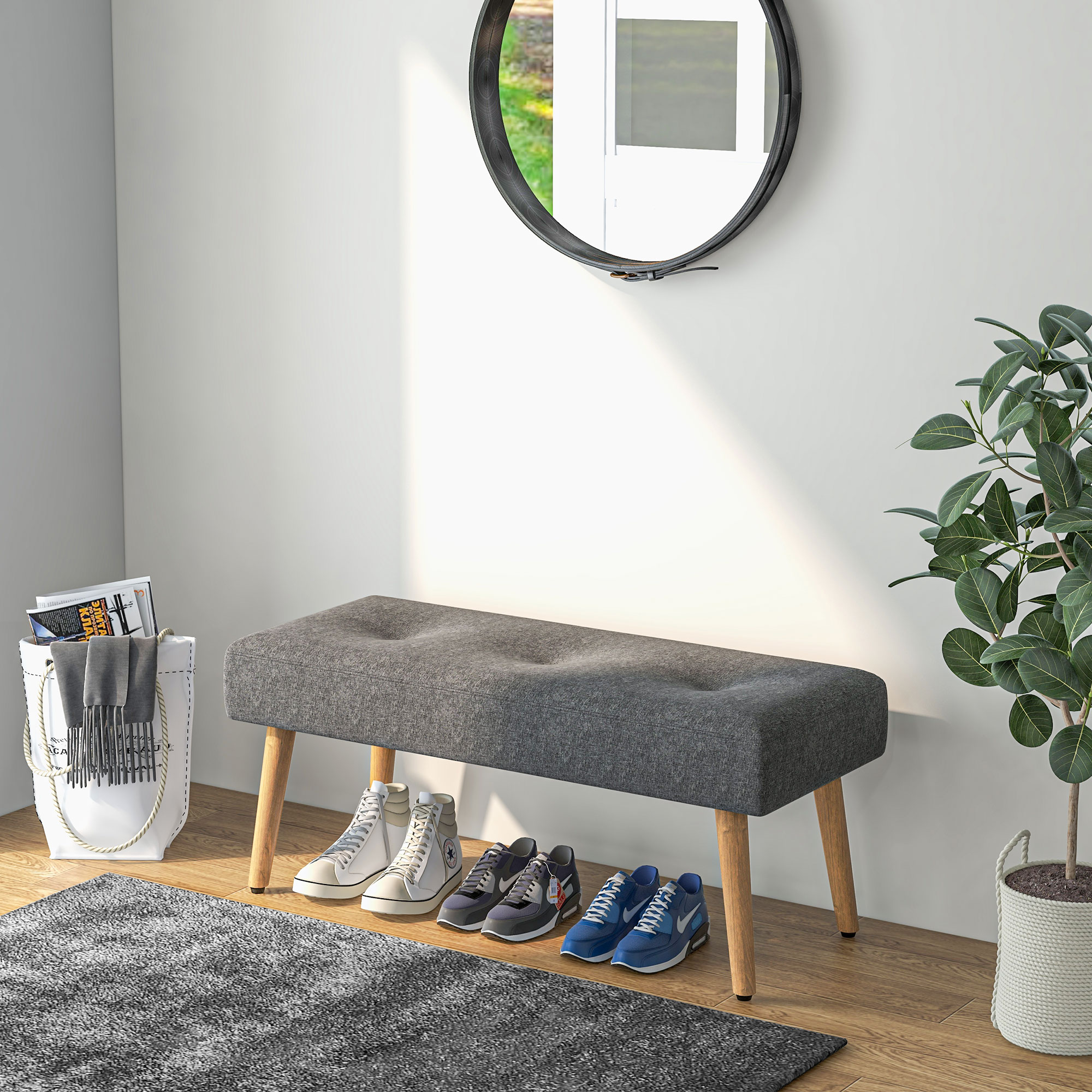 HOMCOM Multifunctional Bed End Bench Tufted Upholstered Shoe Bench Ottoman Footstool Linen Fabric for Entryway Living Room Grey 7