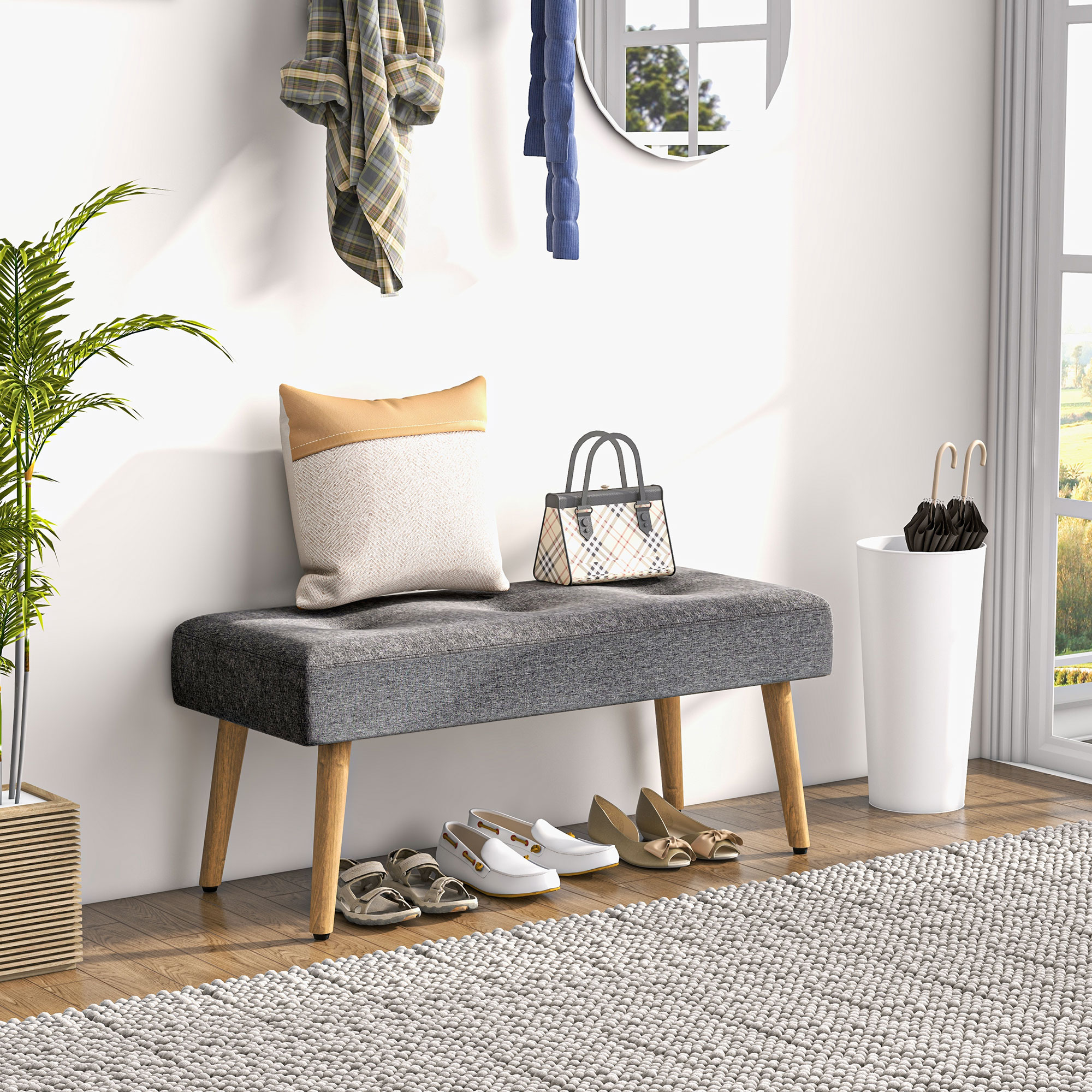 HOMCOM Multifunctional Bed End Bench Tufted Upholstered Shoe Bench Ottoman Footstool Linen Fabric for Entryway Living Room Grey 2