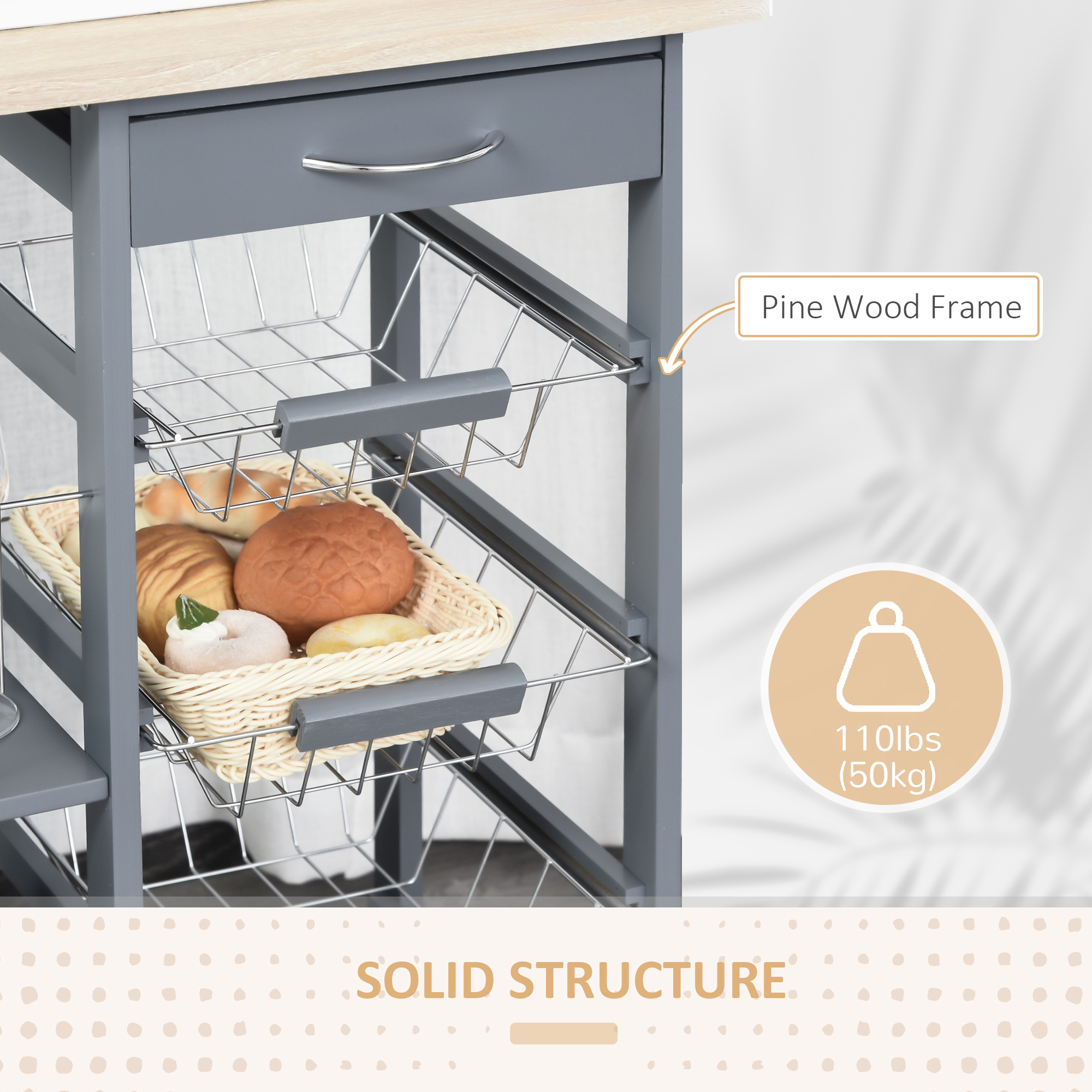 HOMCOM Rolling Kitchen Cart, Utility Storage Cart with 4 Basket Drawers & Side Racks, Wheels for Dining Room, Grey 6
