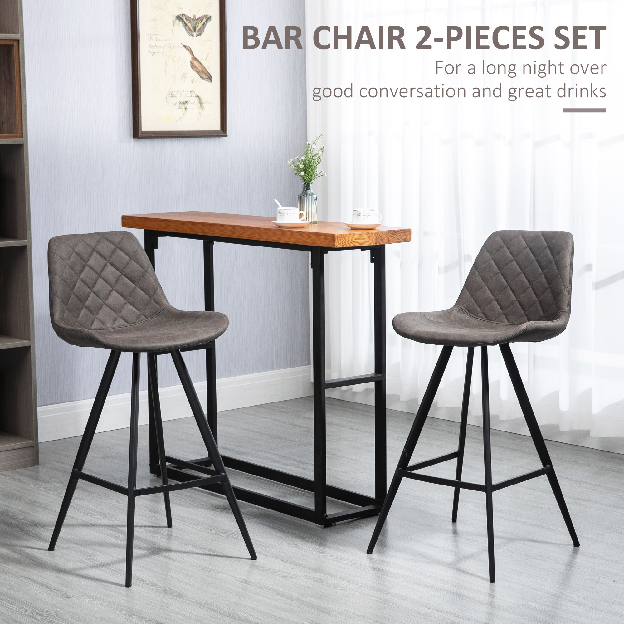 HOMCOM Set Of 2 Bar Stools Vintage Microfiber Cloth Tub Seats Padded Comfortable Steel Frame Footrest Quilted Home Bar Cafe Kitchen Chair Stylish Dark Grey 4