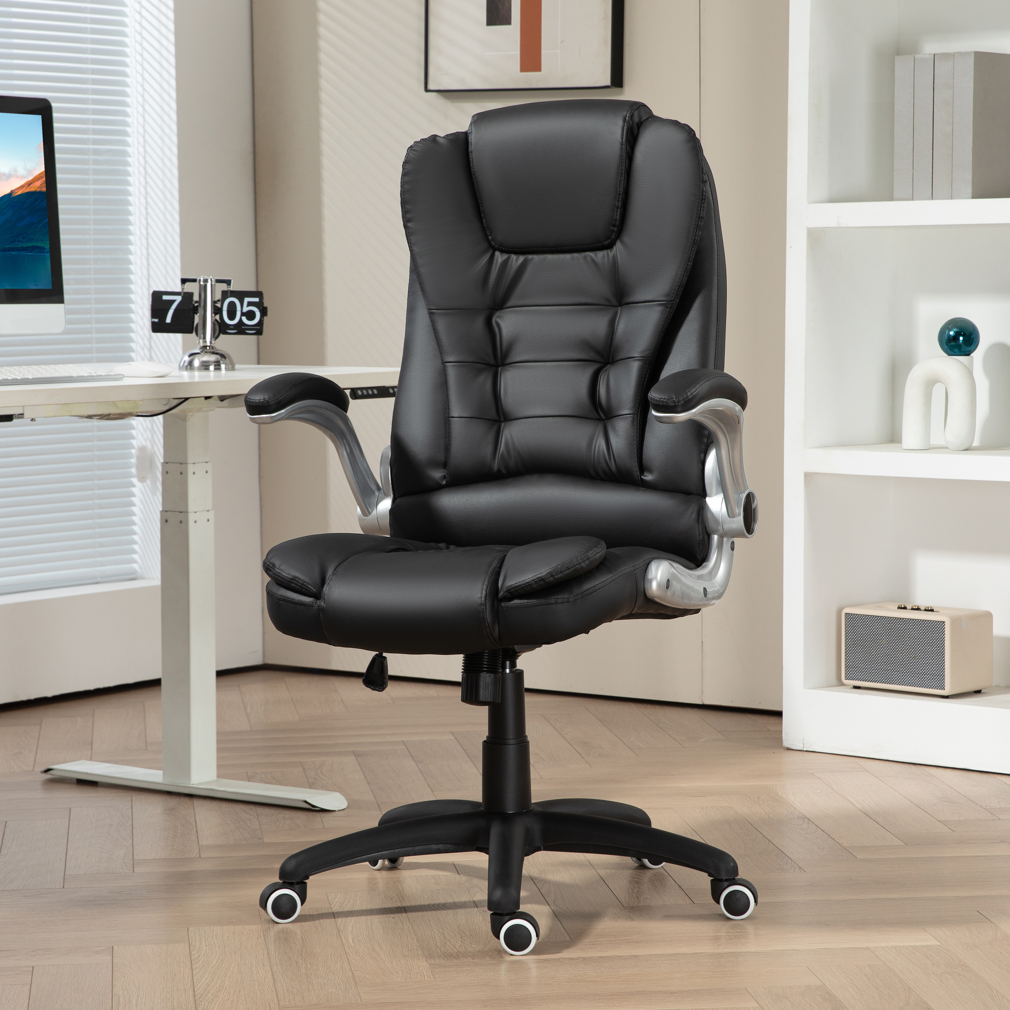 Sedia Ufficio Ergonomica In Pelle, Grande E Alta, Schienale Reclinabile Fino A 115°, Braccioli Ribaltabili, Portata 150 Kg