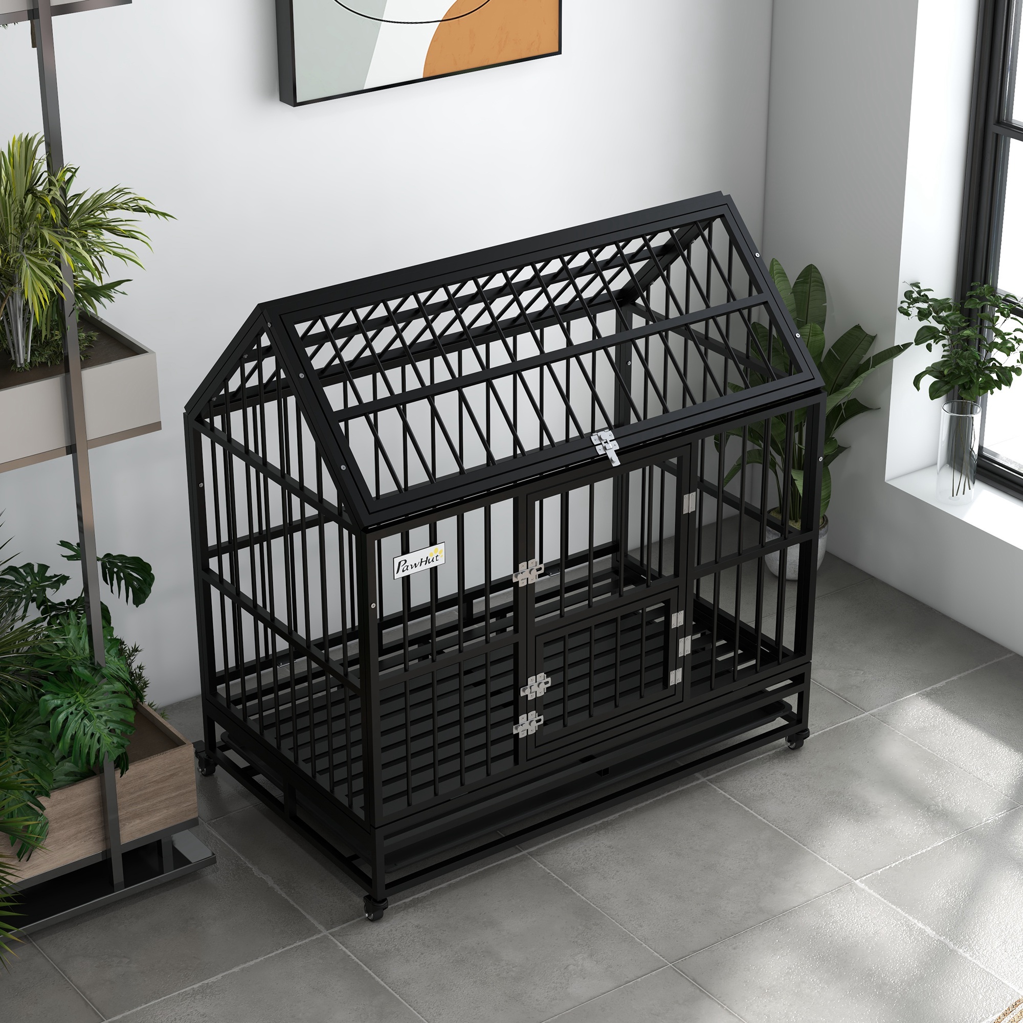 PawHut 48" Heavy Duty Dog Crate on Wheels, with Removable Tray, Openable Top, for L, XL Dogs Black 8