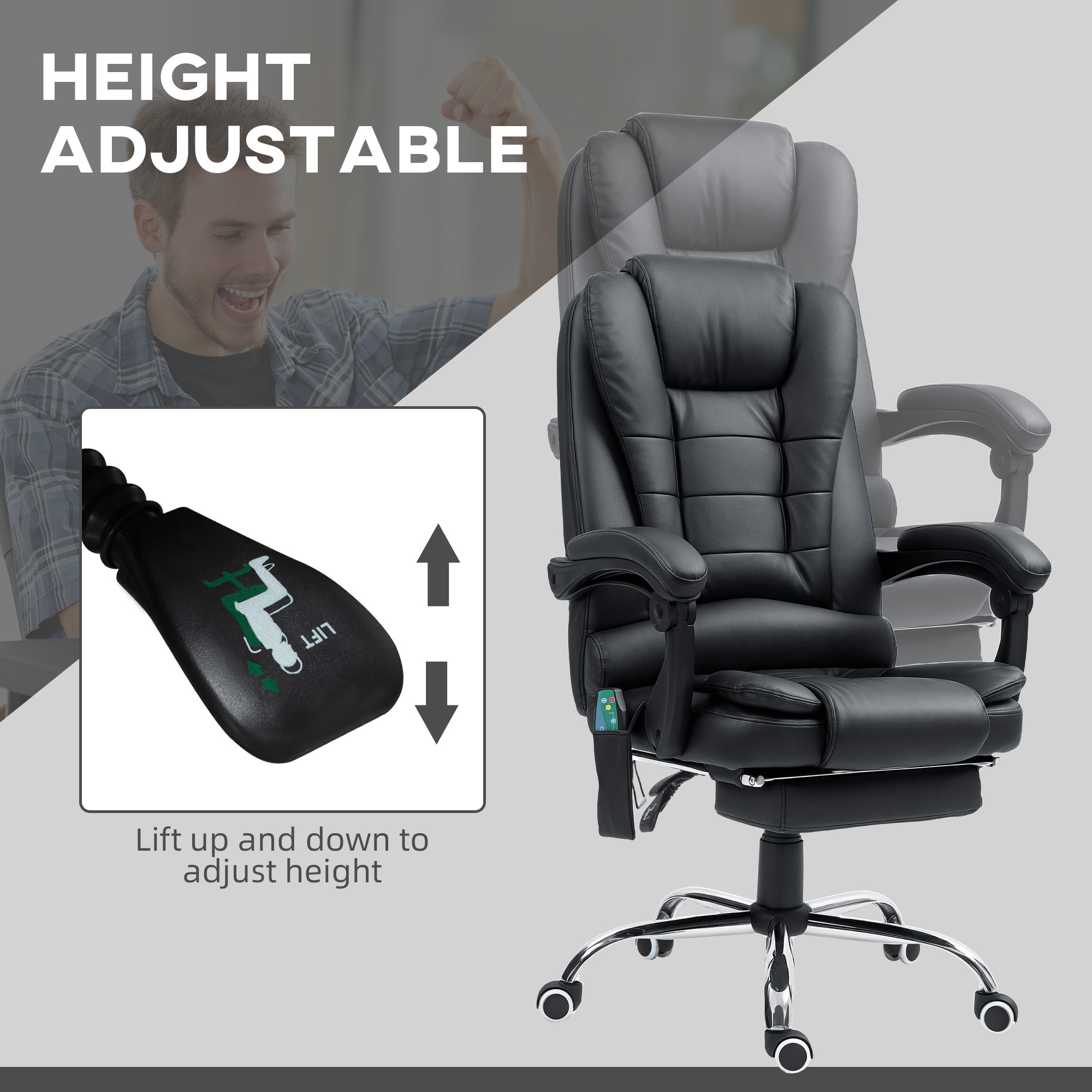 Vinsetto Office Chair with 6 Point Massage and Back Heat, PU Desk Chair with Footrest Adjustable Height and Swivel Wheels, Back Reclining, Black 6