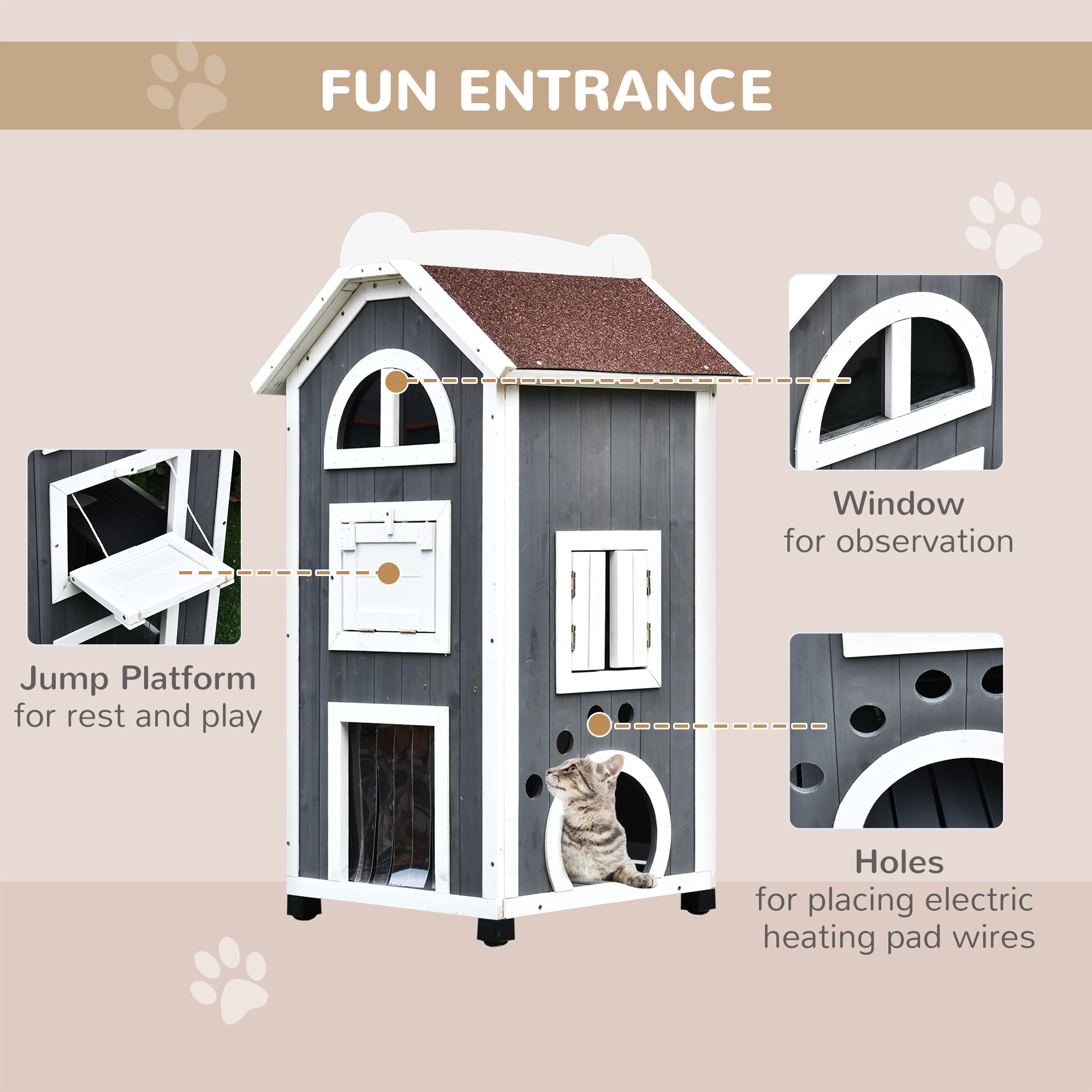 thumbnail image 2 of PawHut Solid Wood Cat Condo – 2-Floor Pet Shelter – Grey & White – 43" Tall 2 of 2