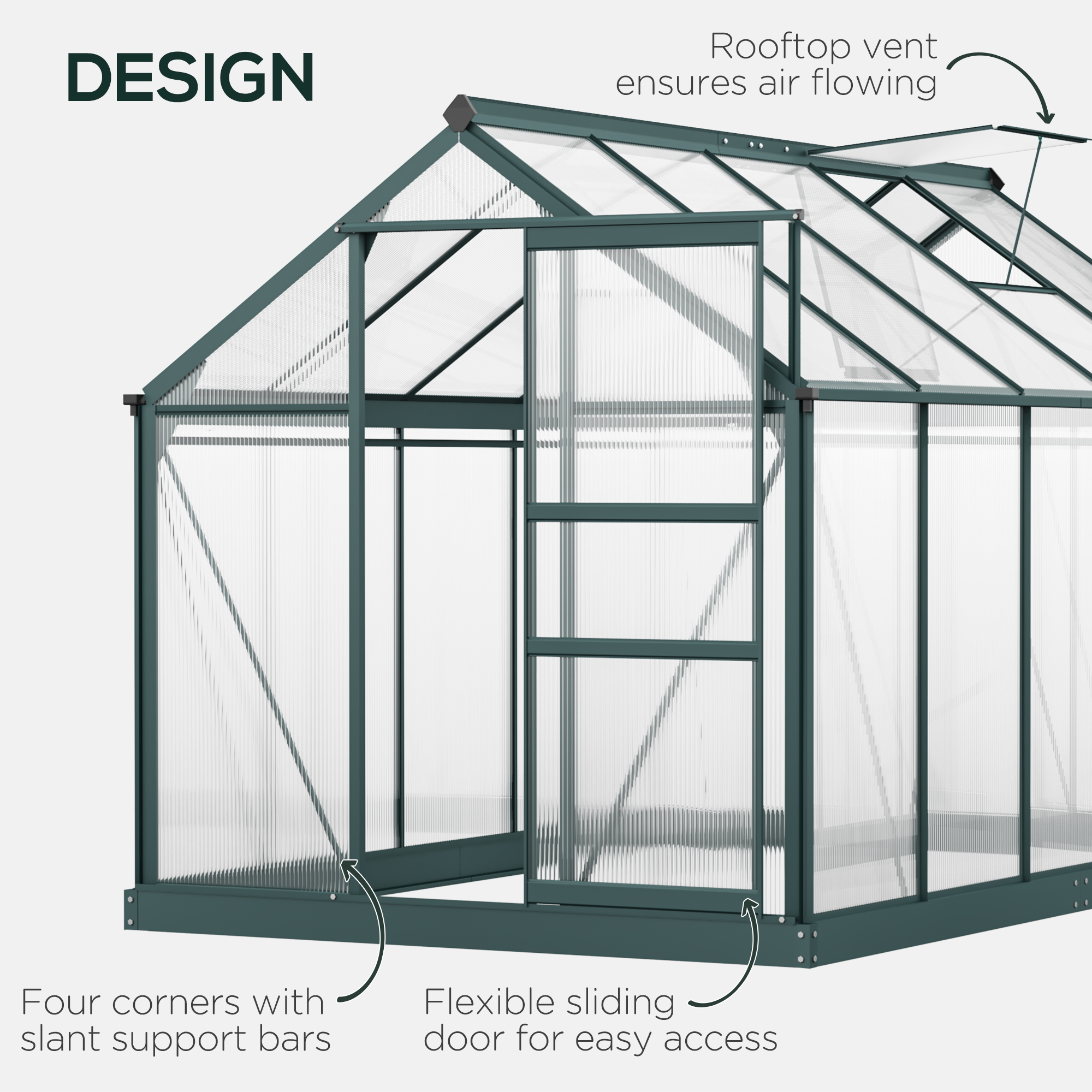 Outsunny 6 x 10ft Polycarbonate Greenhouse, Large Walk-In Green House with Slide Door and Window, Garden Plants Grow House with Aluminium Frame and Foundation, Dark Green 4