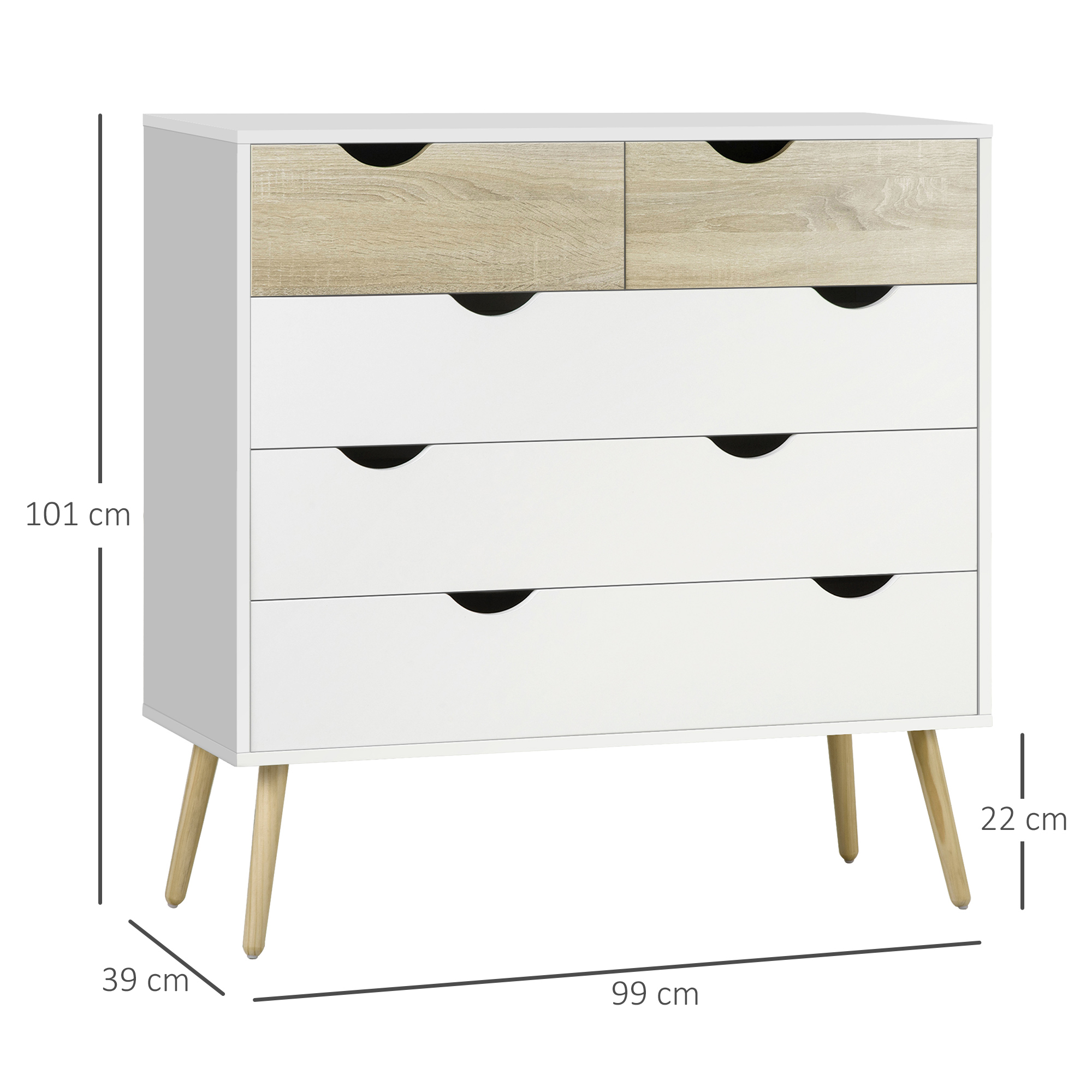 HOMCOM Nordic Style Chest of Drawers, 5 Drawer Dresser with 4 Tapered Legs and Groove Handles, Storage Organiser Side Cabinet for Bedroom, Living Room 3
