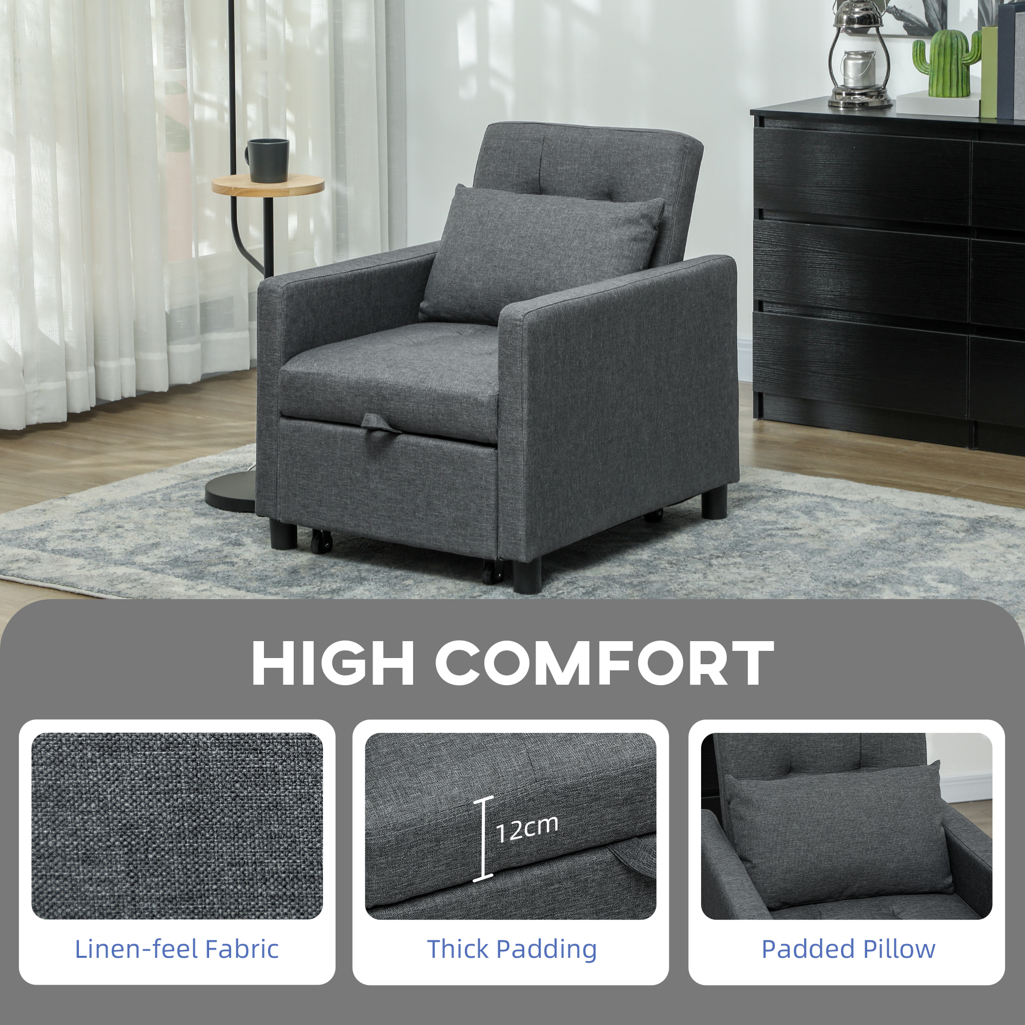 HOMCOM 3-In-1 Chair Bed, Convertible Sleeper Chair with Adjustable Backrest, Pillow and Footrest for Living Room, Dark Grey 5