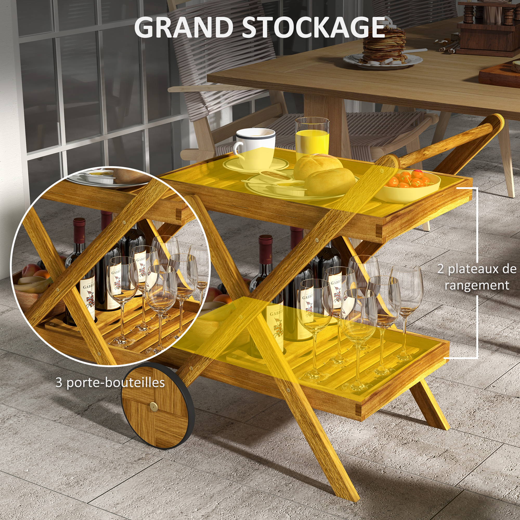 Chariot De Jardin Outsunny En Bois Acacia - 2 Plateaux, 3 Casiers à Bouteilles, 2 Roues, 52x71x74cm